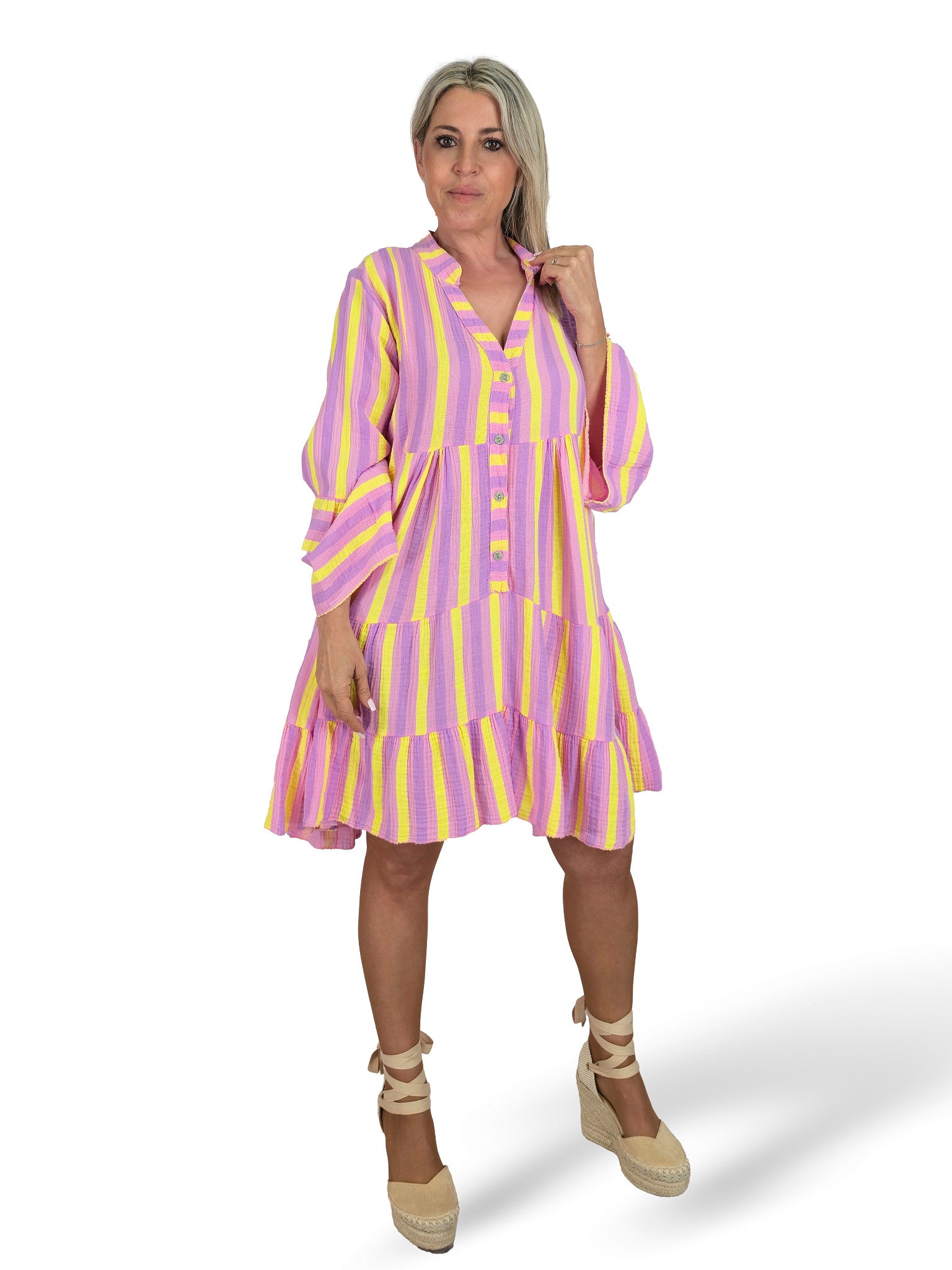 VESTIDO BAMBULA CORTO VOLANTES RAYAS FLUOR