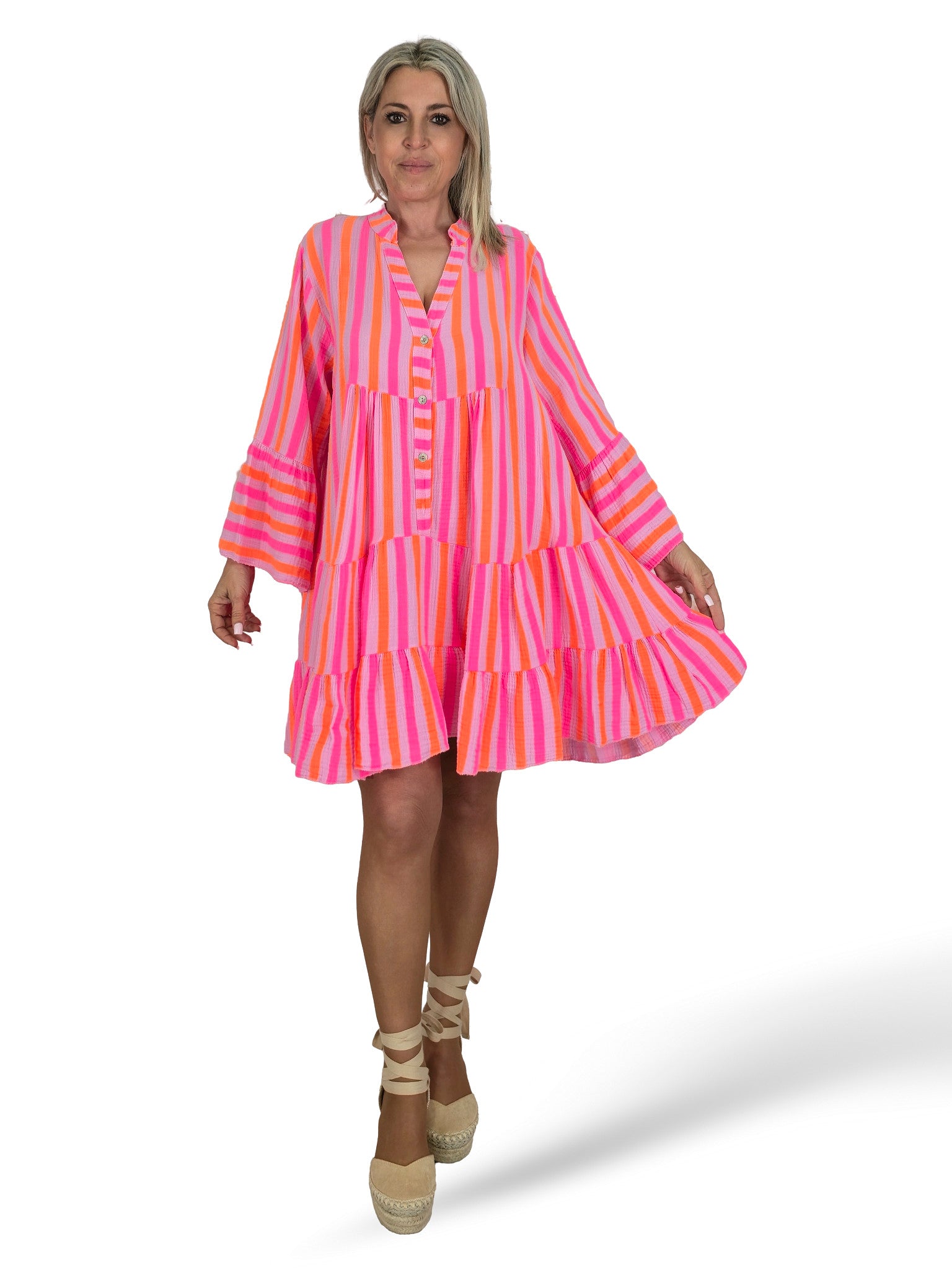 VESTIDO BAMBULA CORTO VOLANTES RAYAS FLUOR