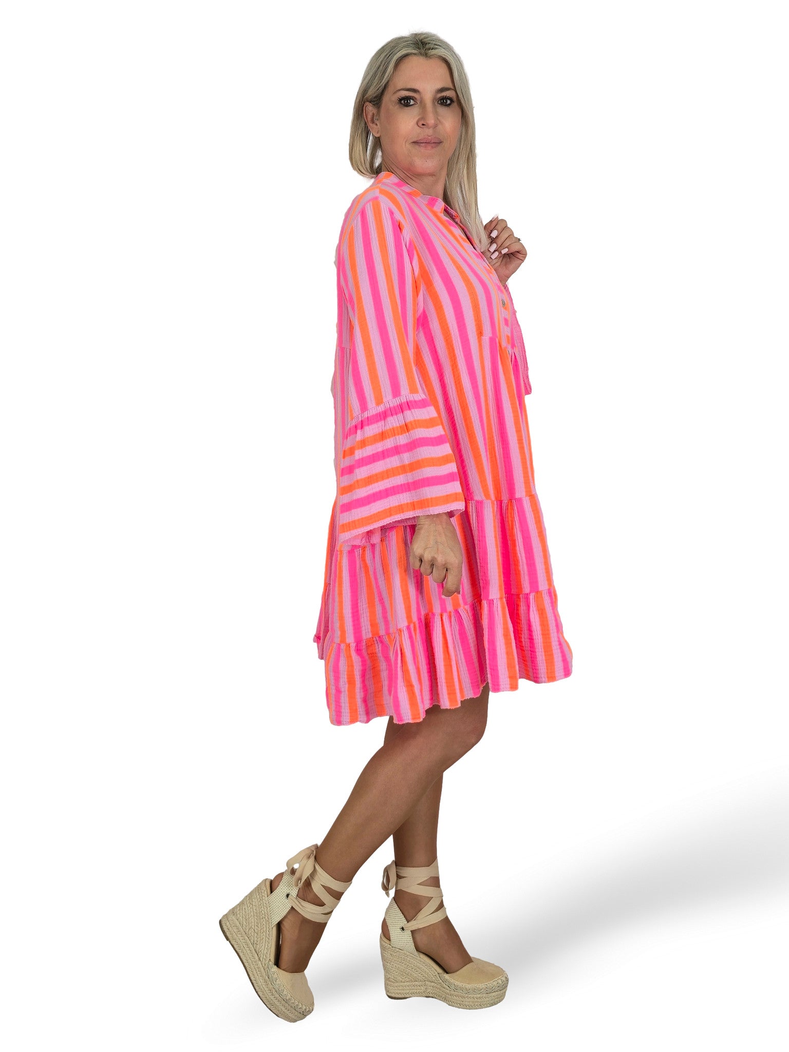 VESTIDO BAMBULA CORTO VOLANTES RAYAS FLUOR