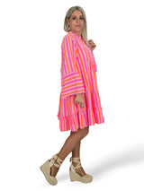 VESTIDO BAMBULA CORTO VOLANTES RAYAS FLUOR