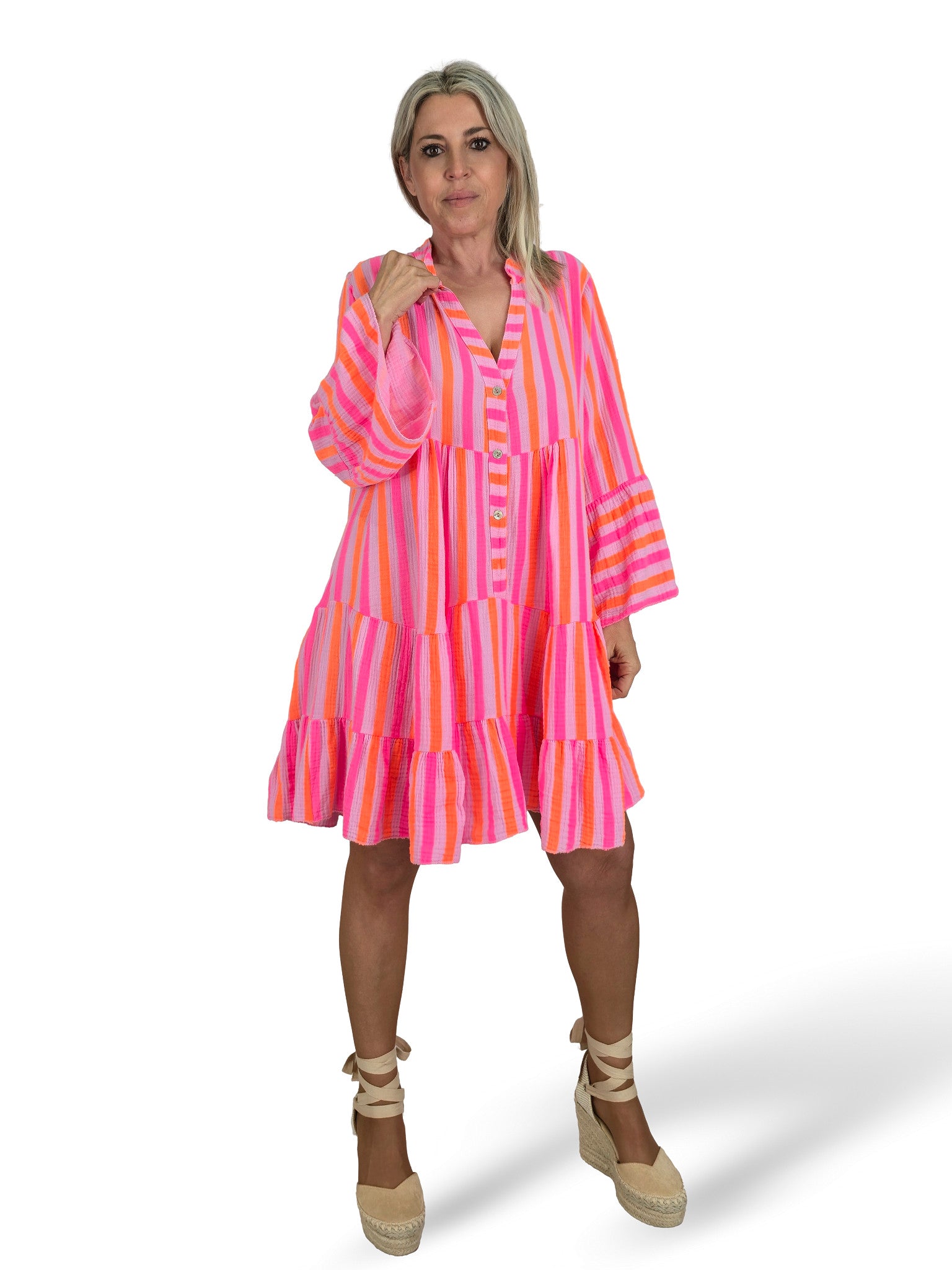VESTIDO BAMBULA CORTO VOLANTES RAYAS FLUOR
