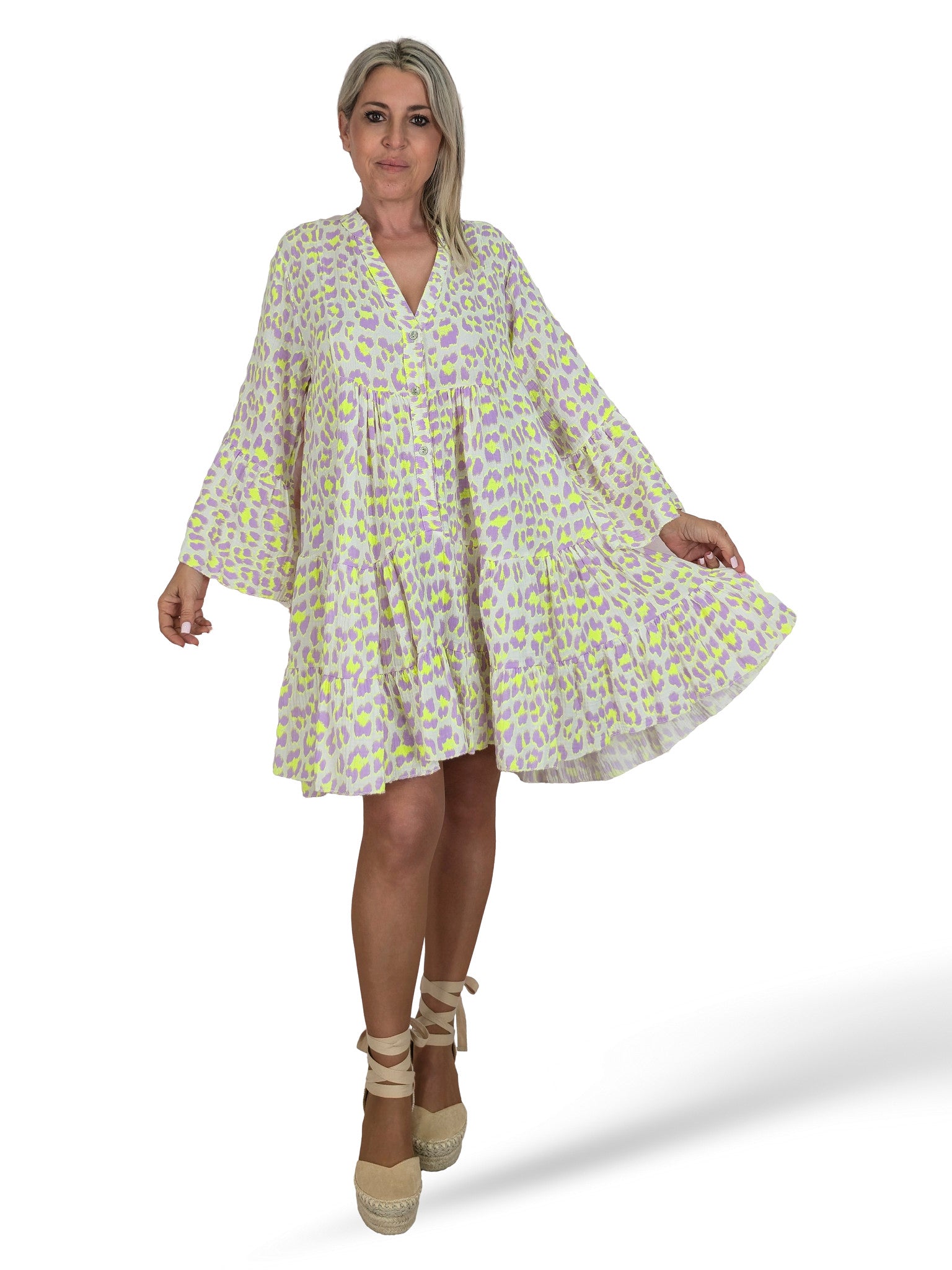 VESTIDO BAMBULA CORTO VOLANTES ANIMAL PRINT FLUOR