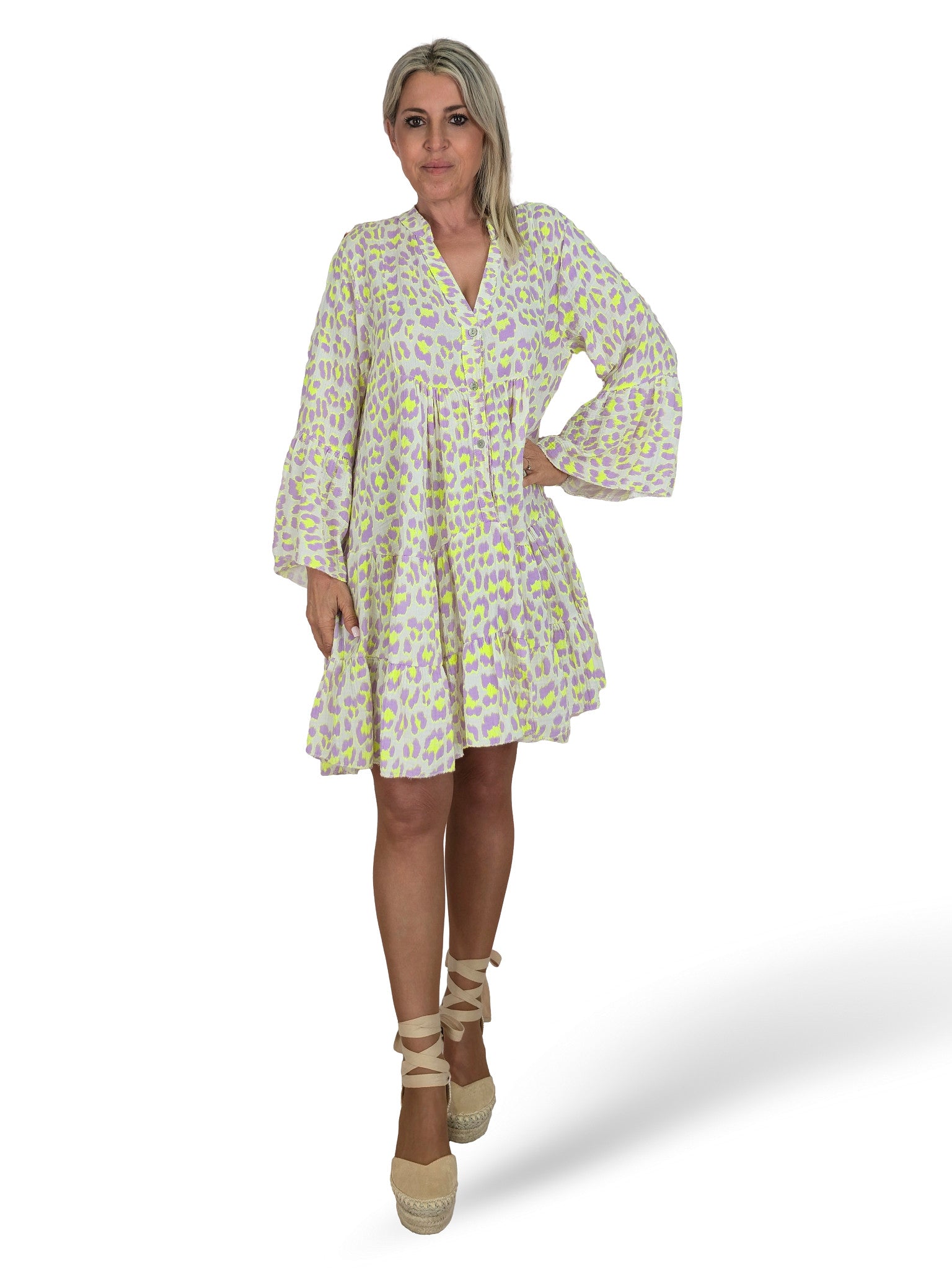 VESTIDO BAMBULA CORTO VOLANTES ANIMAL PRINT FLUOR