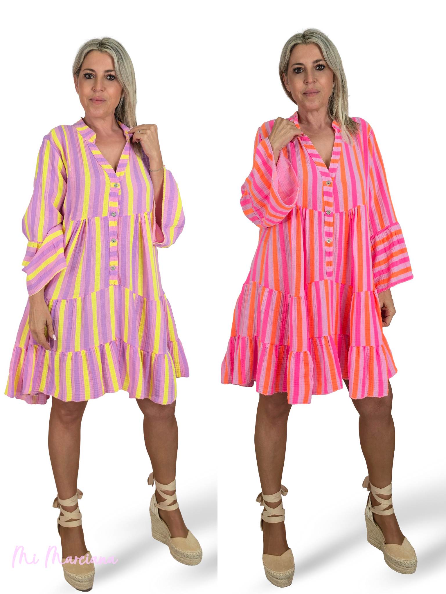 VESTIDO BAMBULA CORTO VOLANTES RAYAS FLUOR