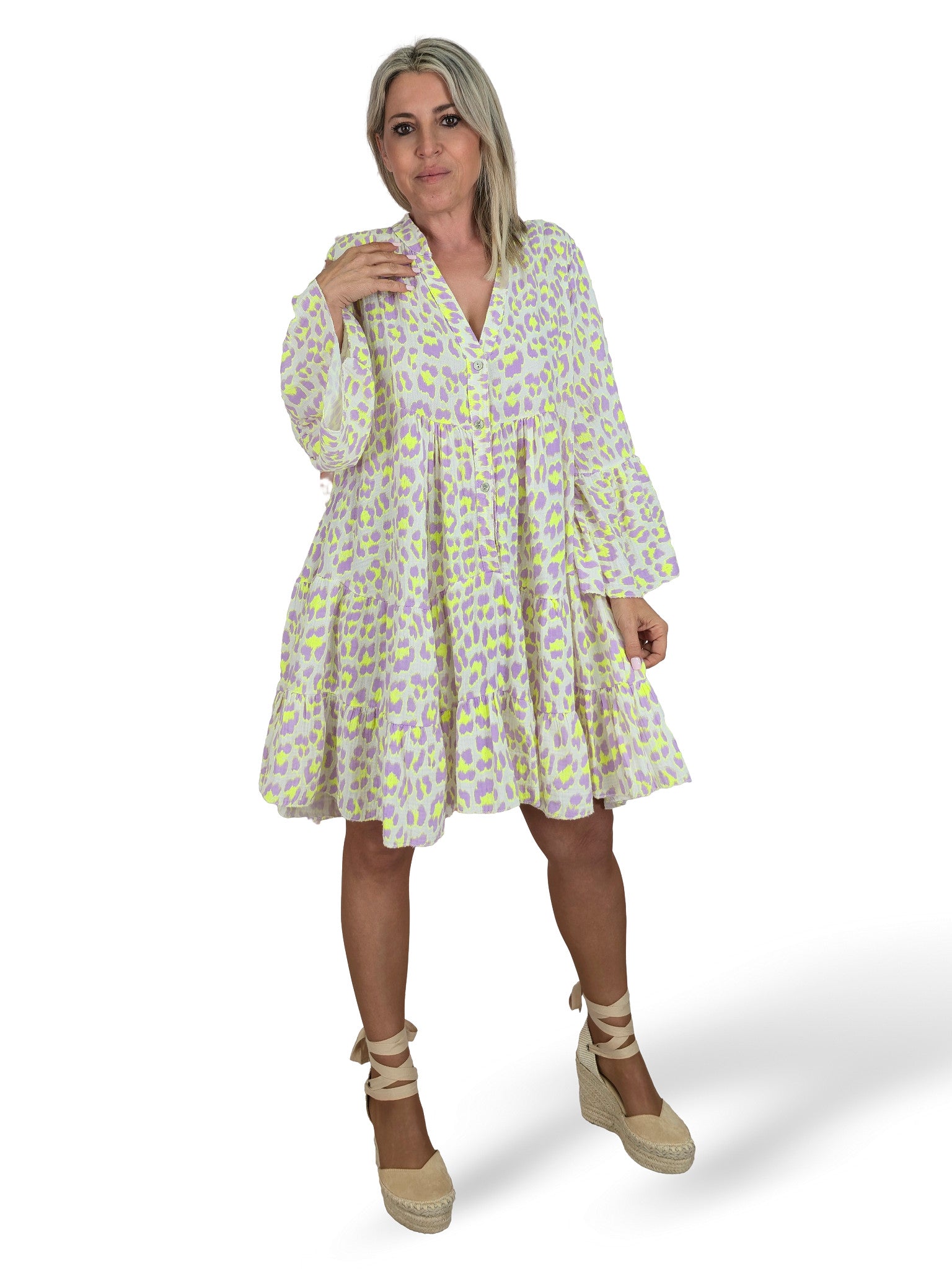 VESTIDO BAMBULA CORTO VOLANTES ANIMAL PRINT FLUOR