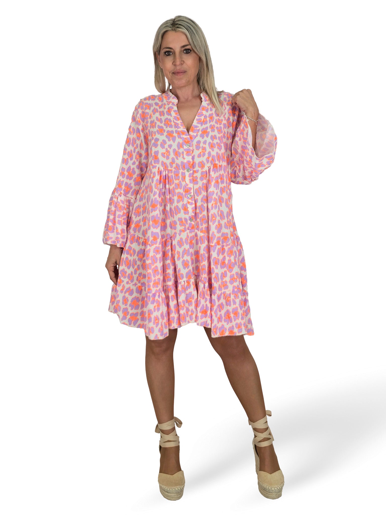 VESTIDO BAMBULA CORTO VOLANTES ANIMAL PRINT FLUOR