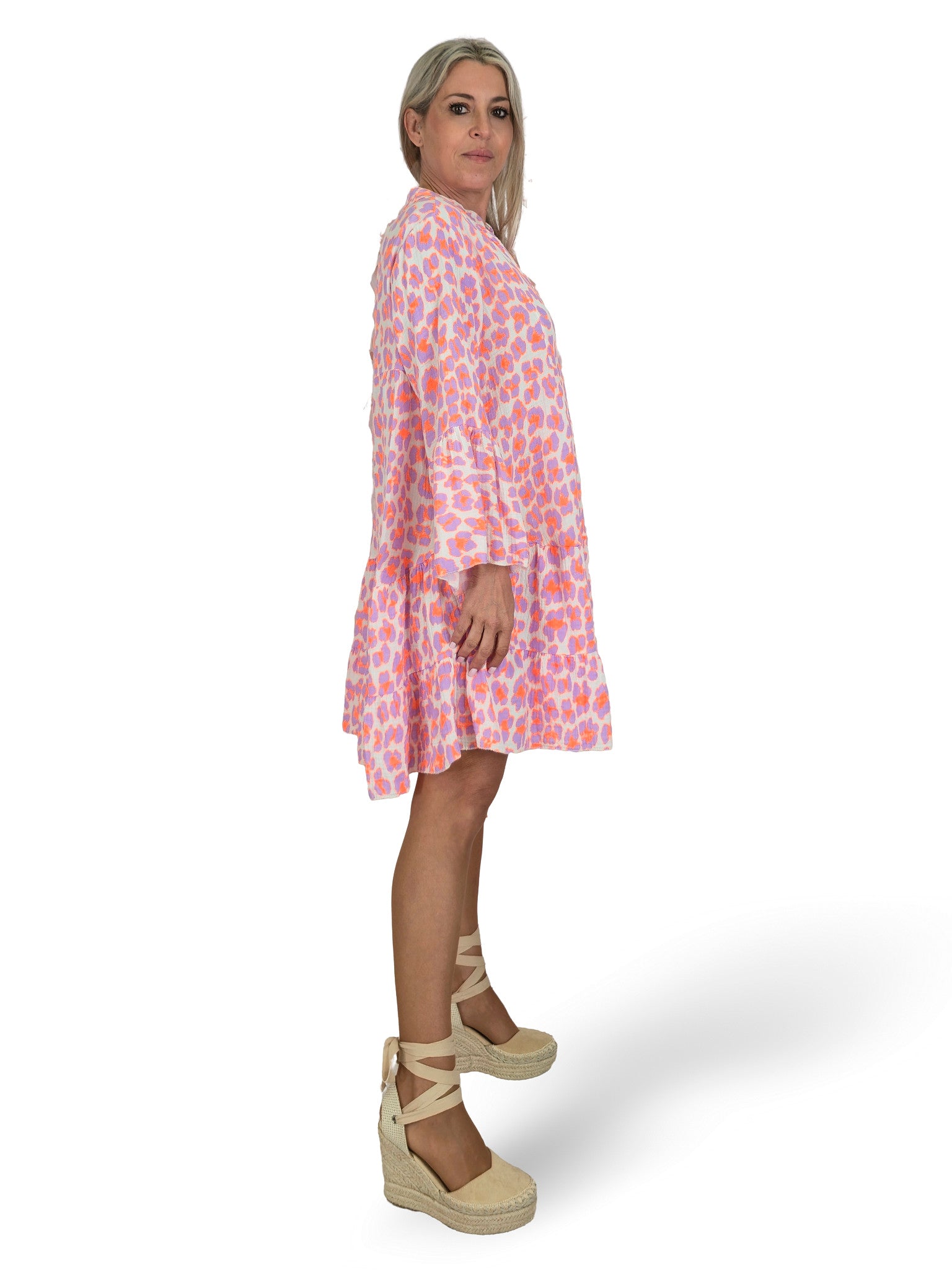 VESTIDO BAMBULA CORTO VOLANTES ANIMAL PRINT FLUOR