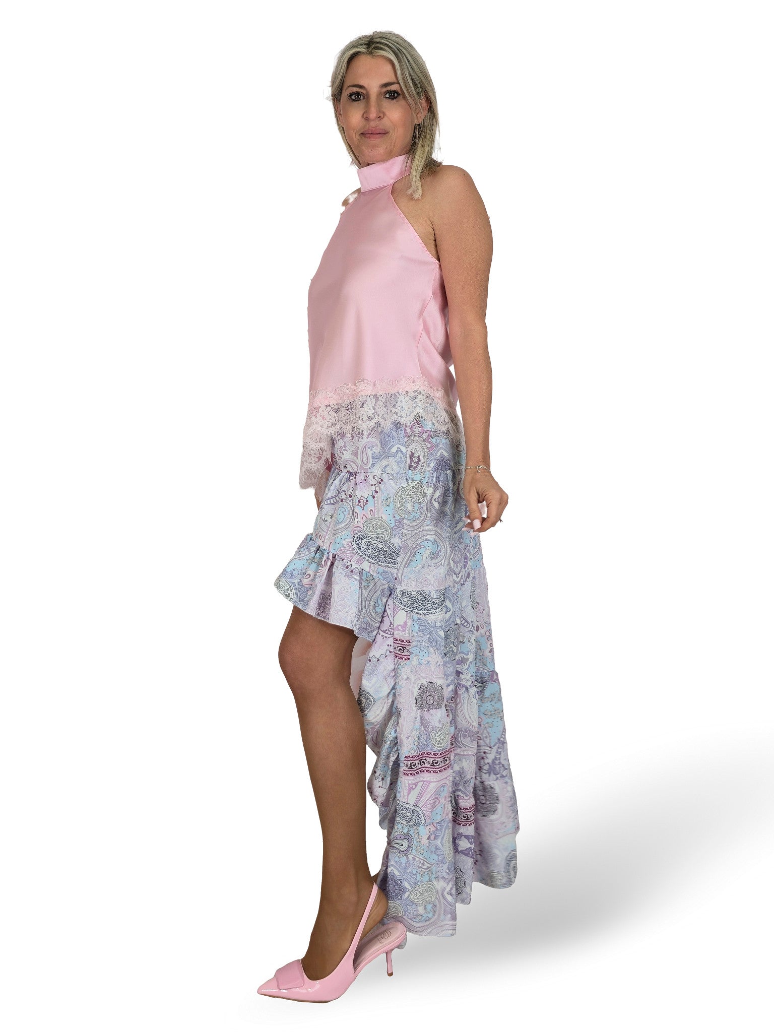 SAIA DE CASHMERE COM BABADO ASSIMÉTRICO