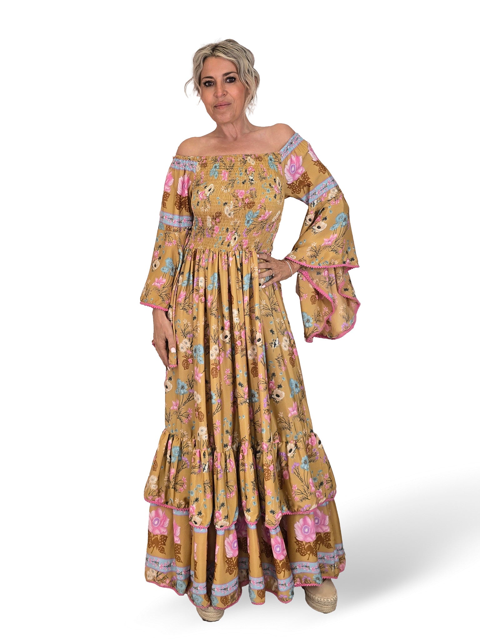 VESTIDO LARGO SEDA NIDO DE ABEJA JOT