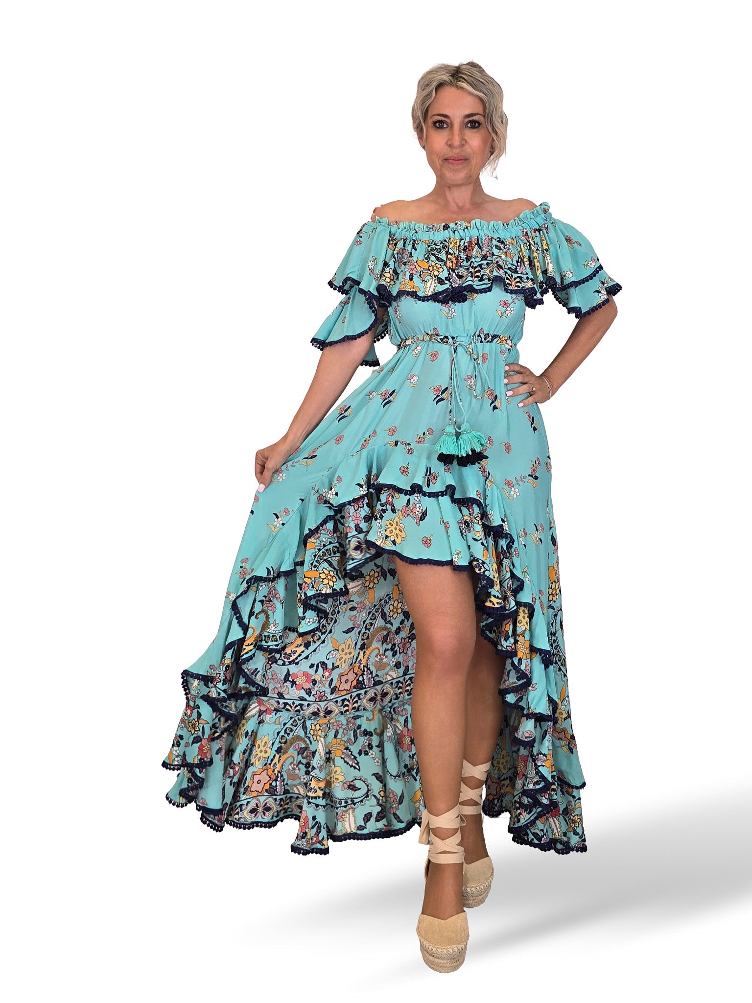 VESTIDO SEDA COLA VOLANTES JOT