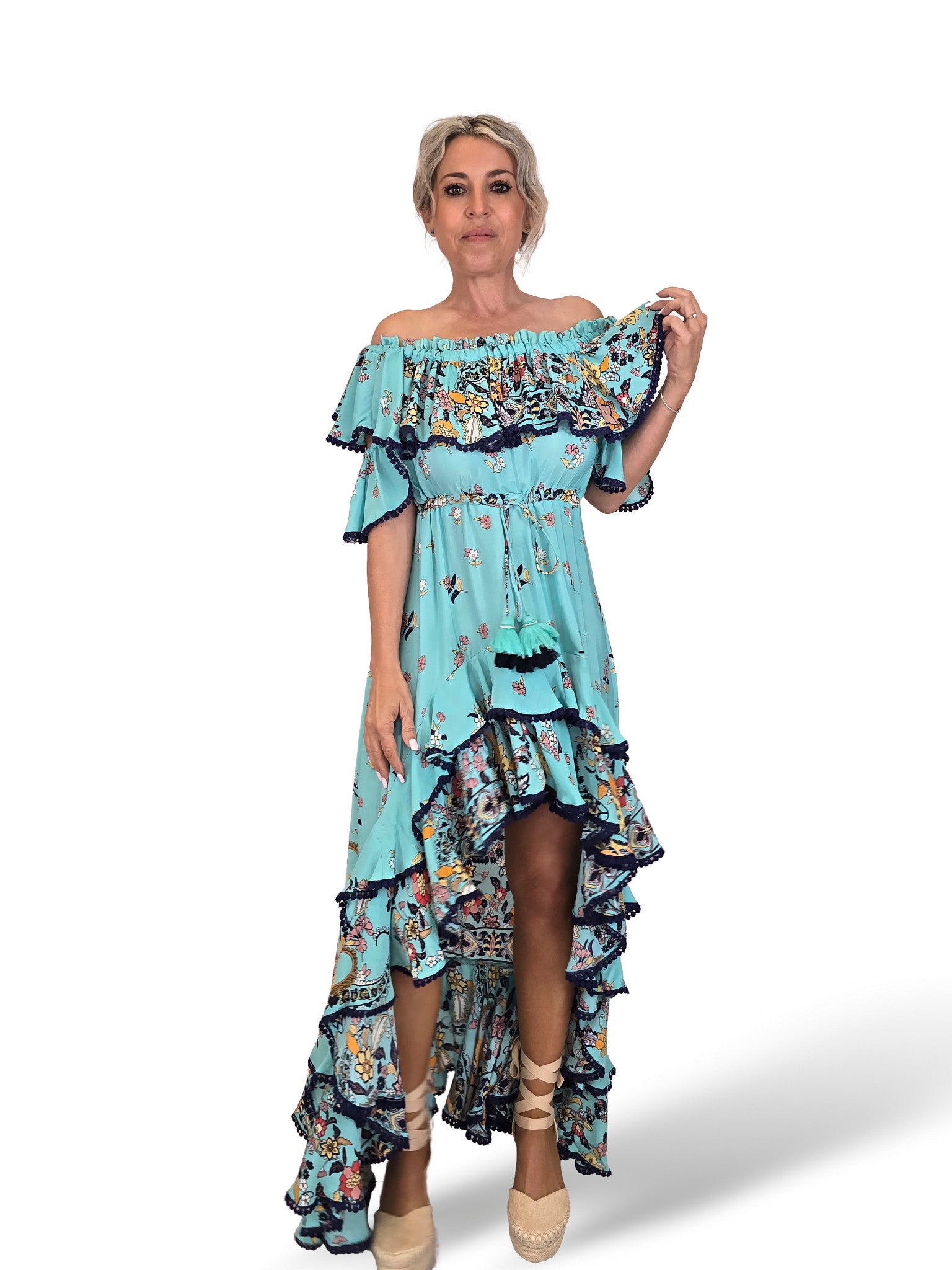 VESTIDO SEDA COLA VOLANTES JOT