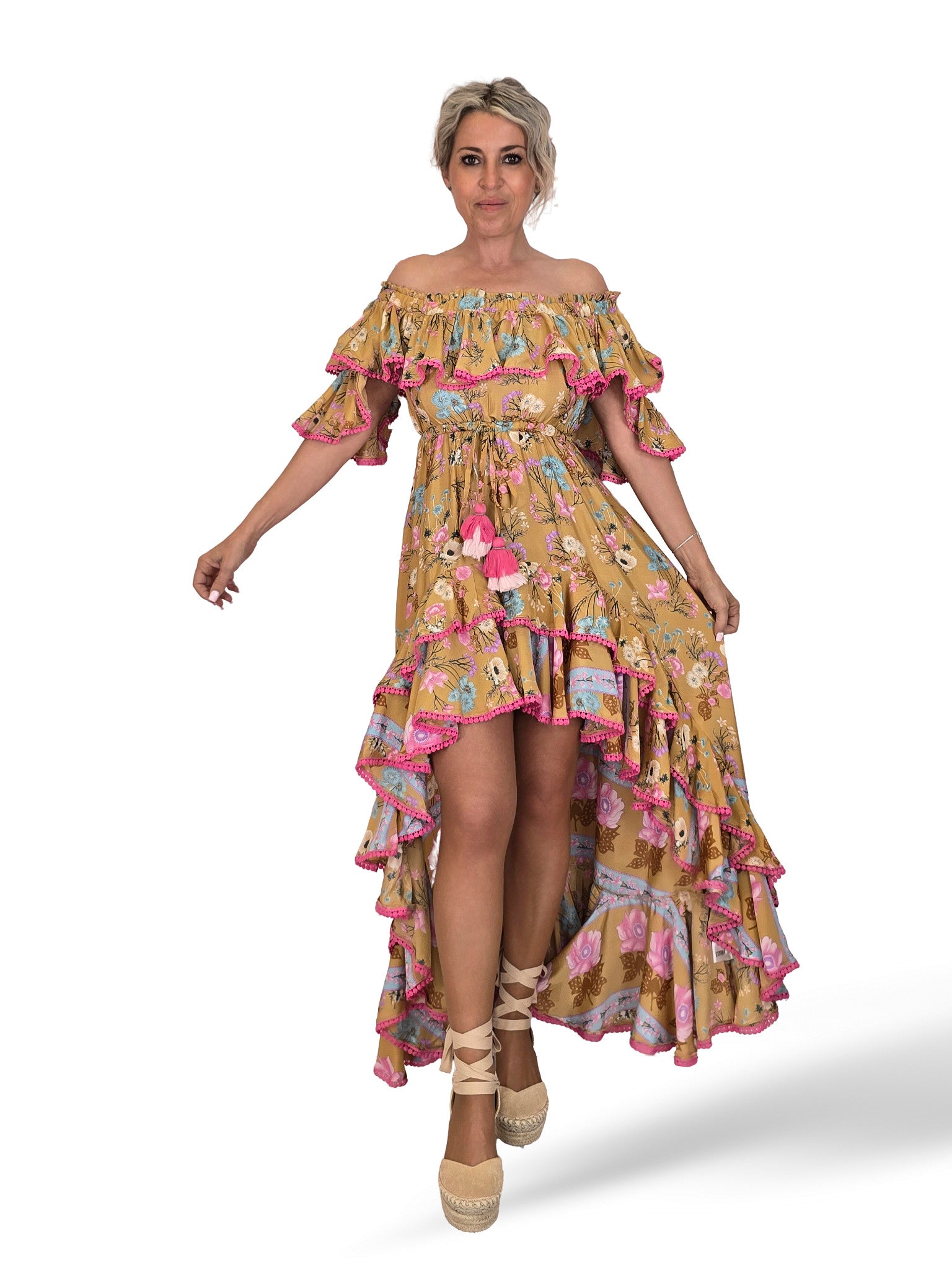 VESTIDO SEDA COLA VOLANTES JOT