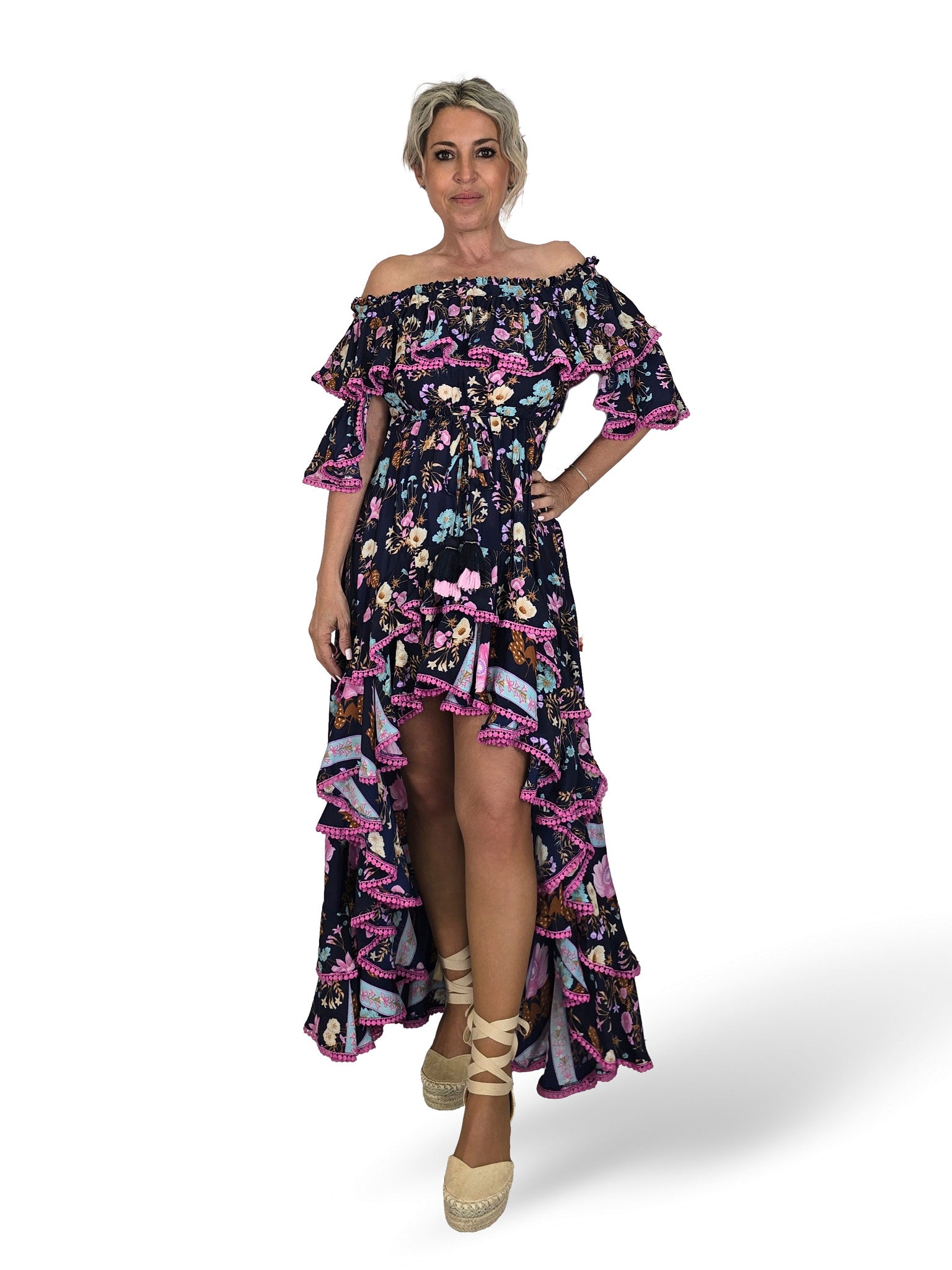 VESTIDO SEDA COLA VOLANTES JOT