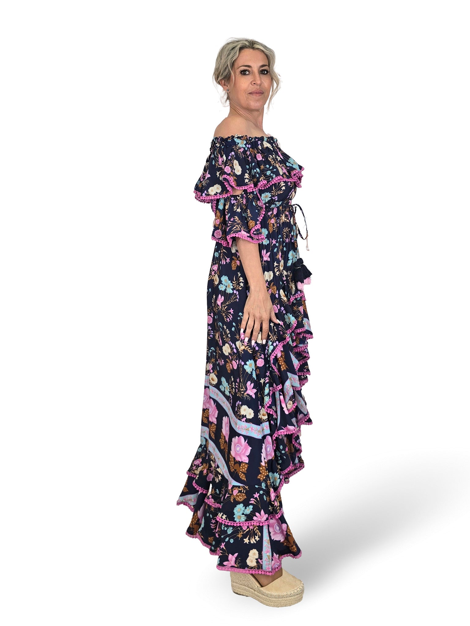 VESTIDO SEDA COLA VOLANTES JOT