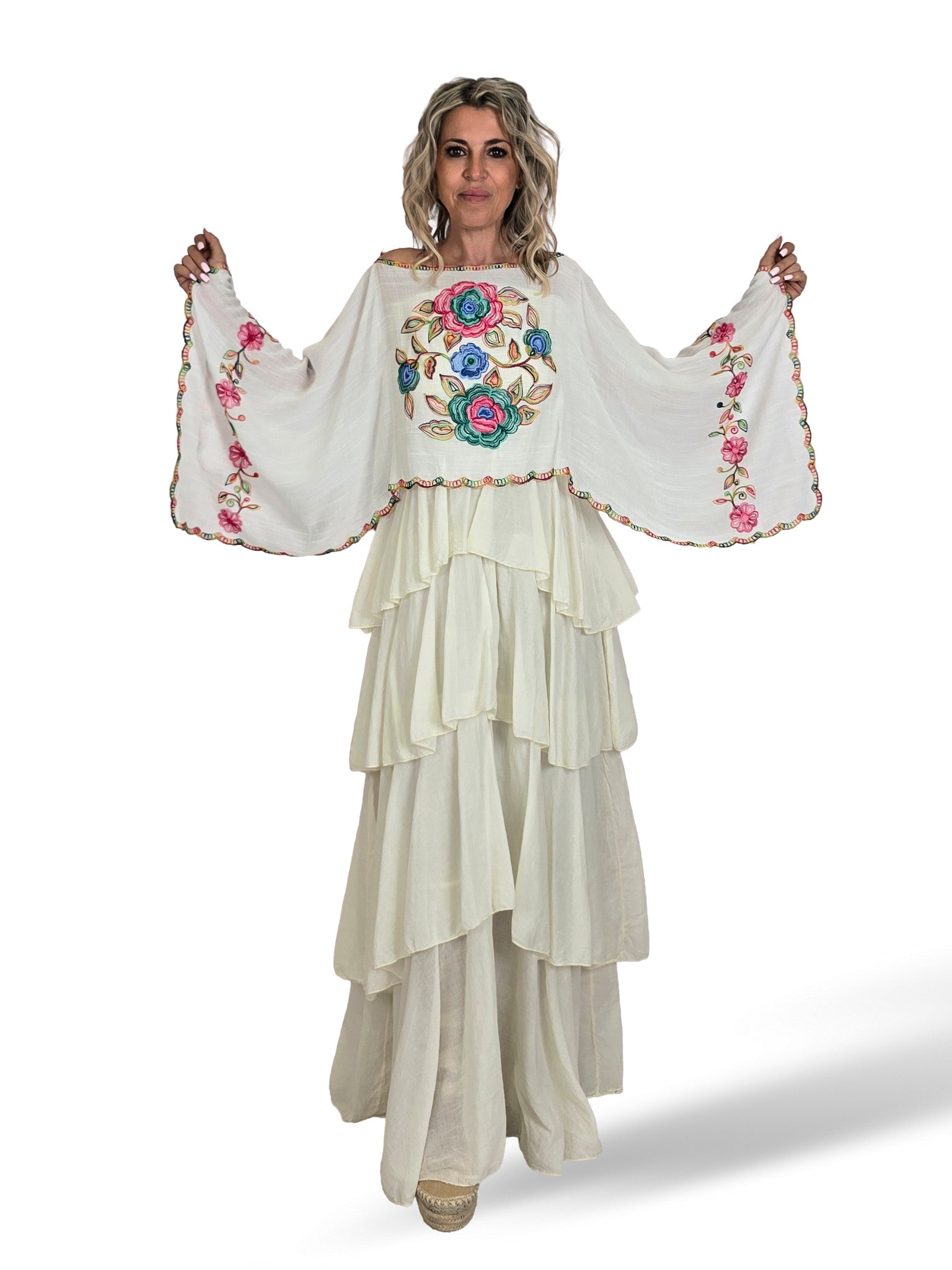 CAPA PONCHO BORDADO FLORES MULTICOLOR BLANCO 436