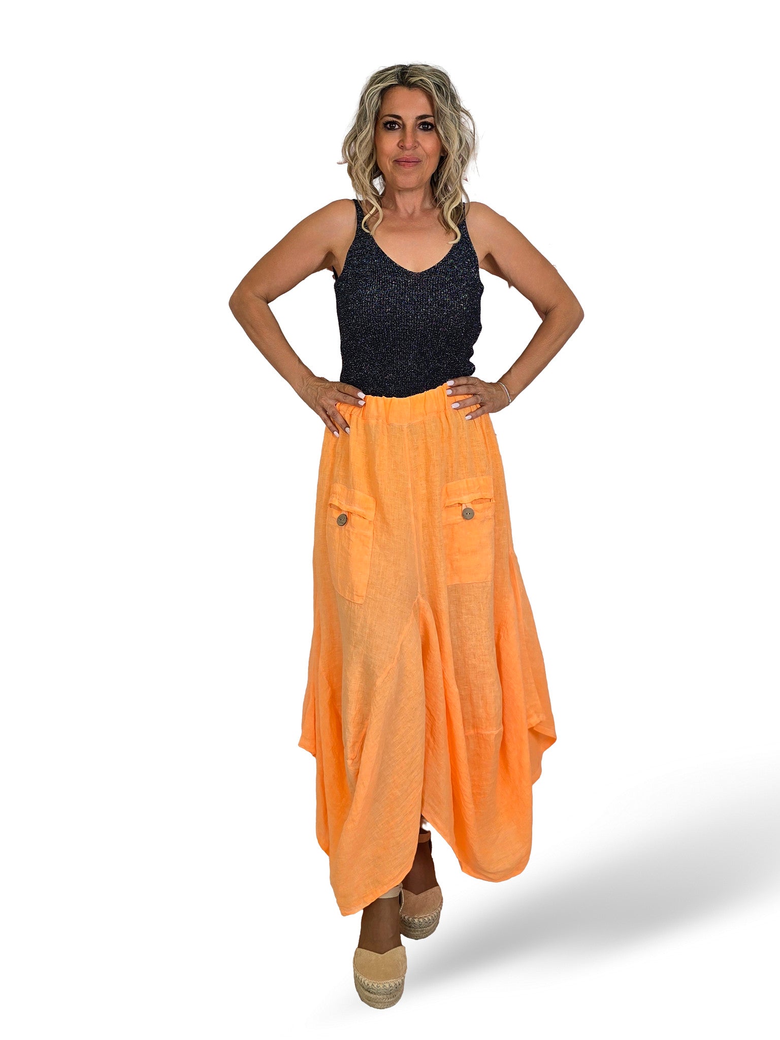 PANTALON LINO FLUOR ANCHO ASIMETRICO