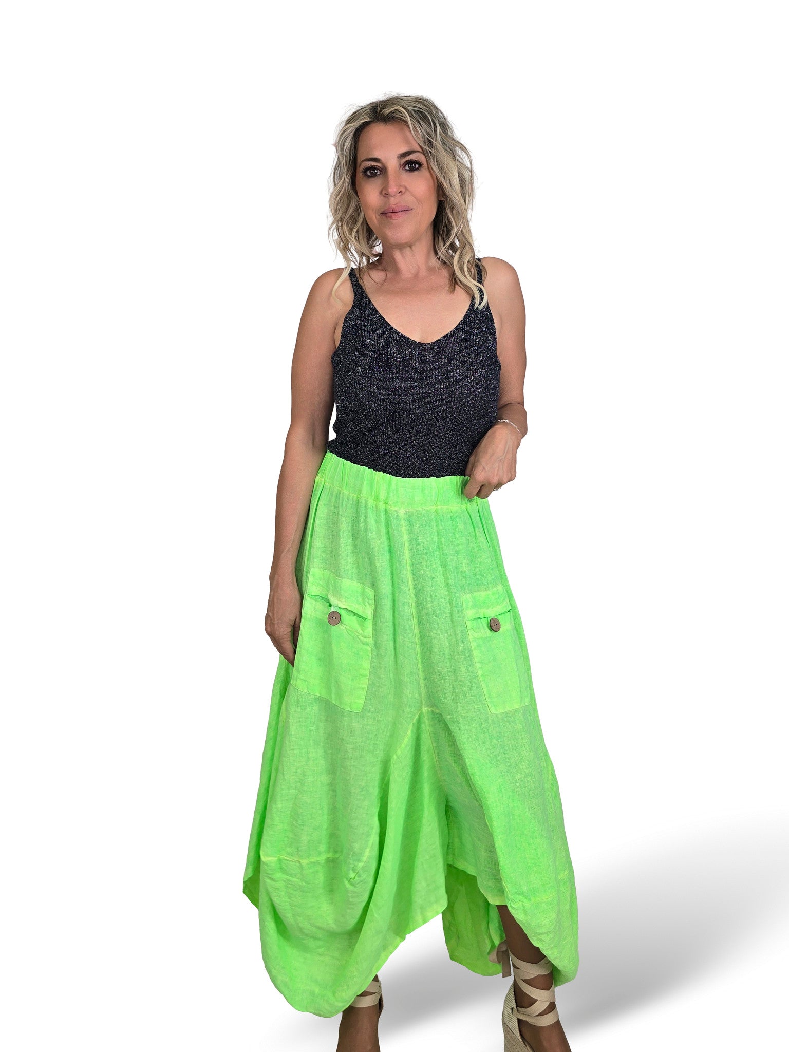 PANTALON LINO FLUOR ANCHO ASIMETRICO