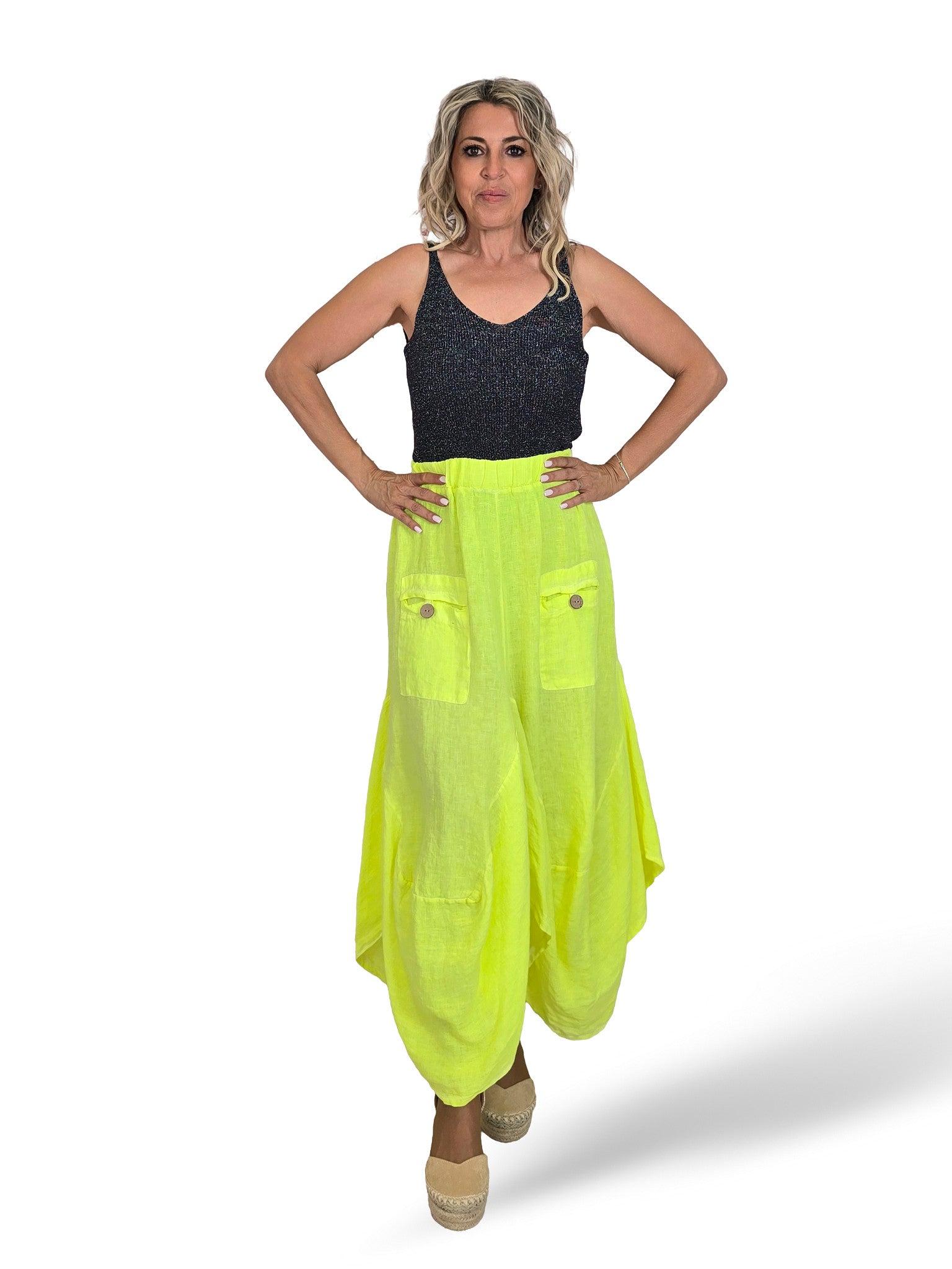 PANTALON LINO FLUOR ANCHO ASIMETRICO