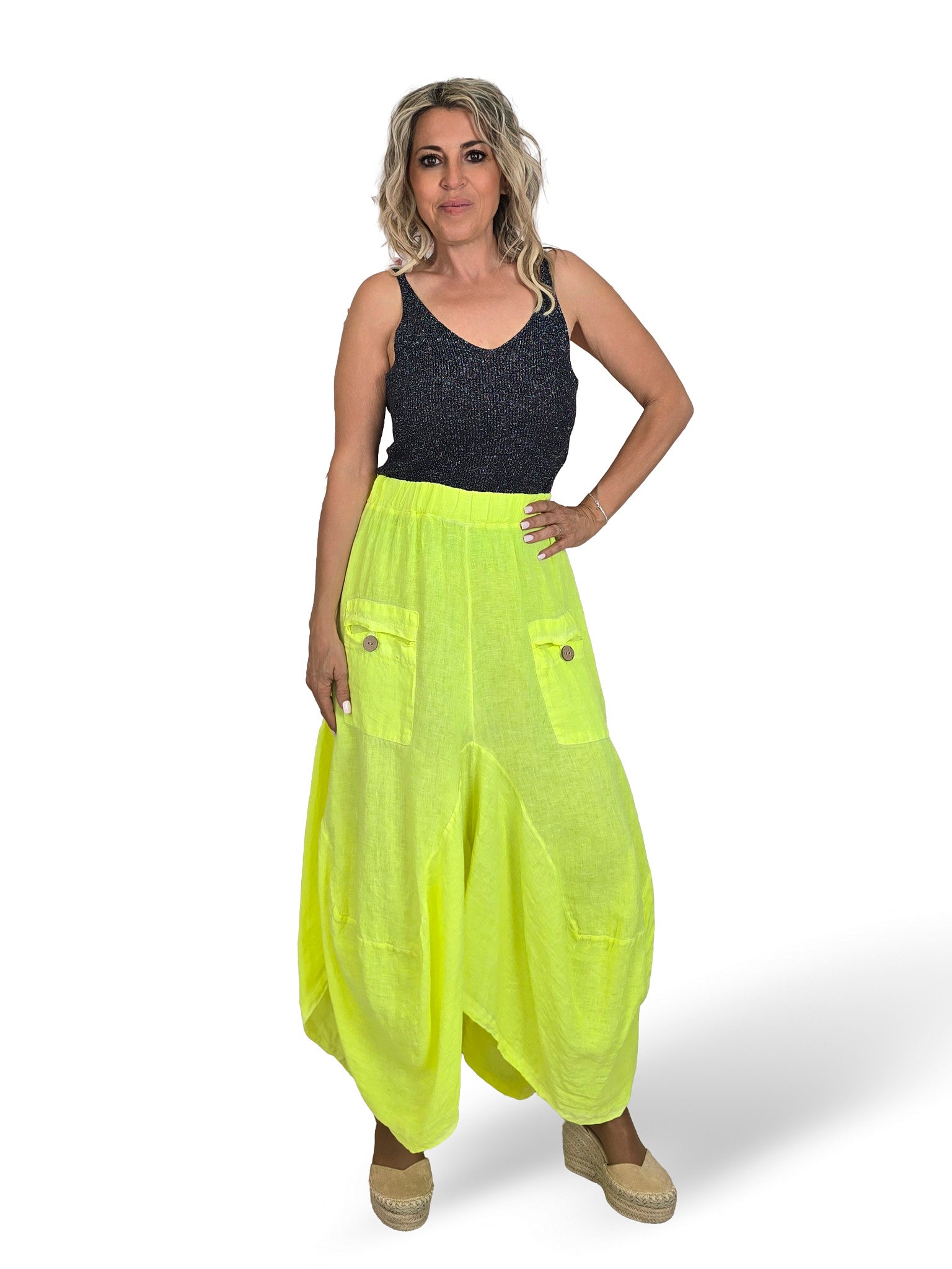 PANTALON LINO FLUOR ANCHO ASIMETRICO