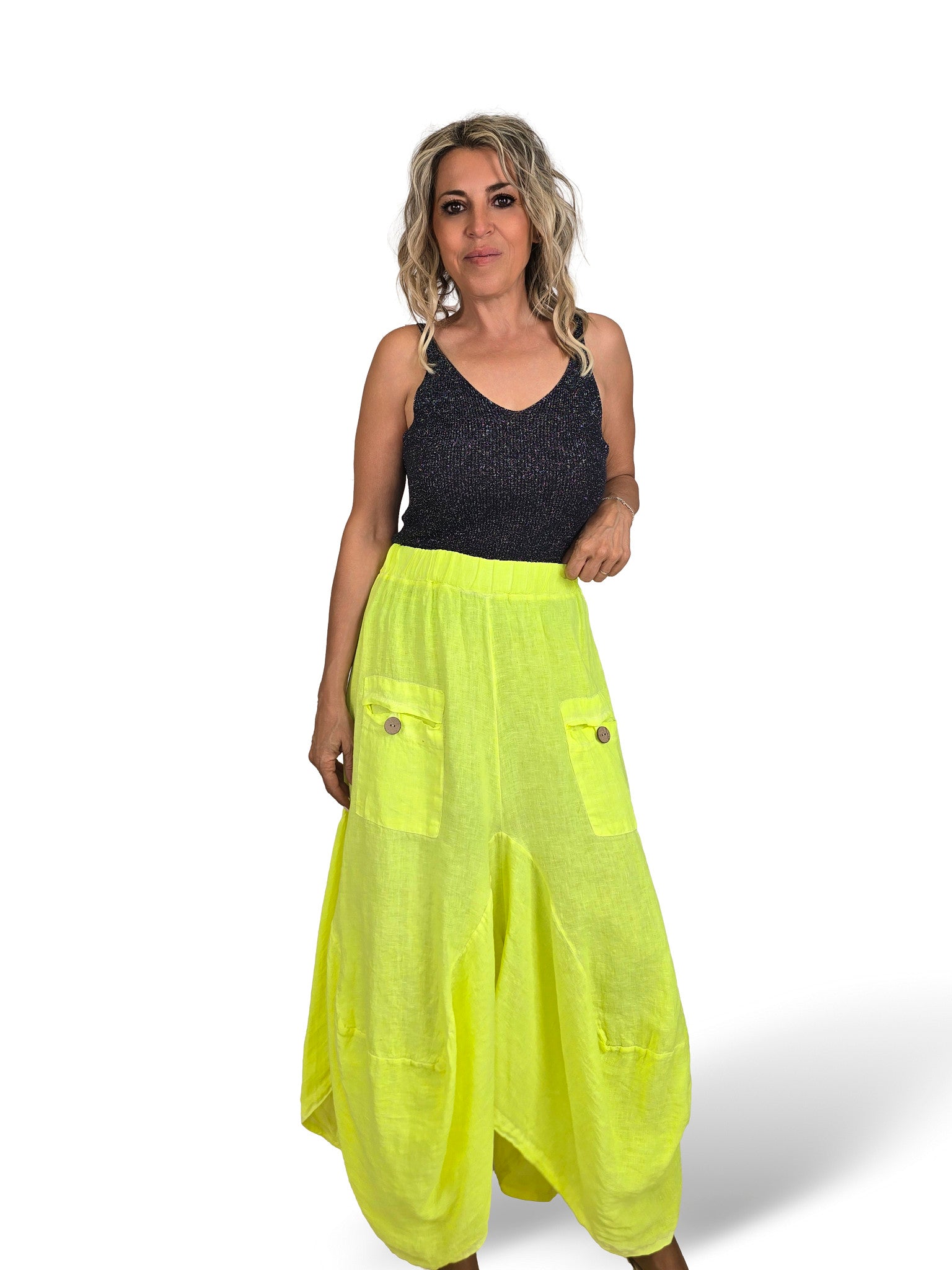 PANTALON LINO FLUOR ANCHO ASIMETRICO