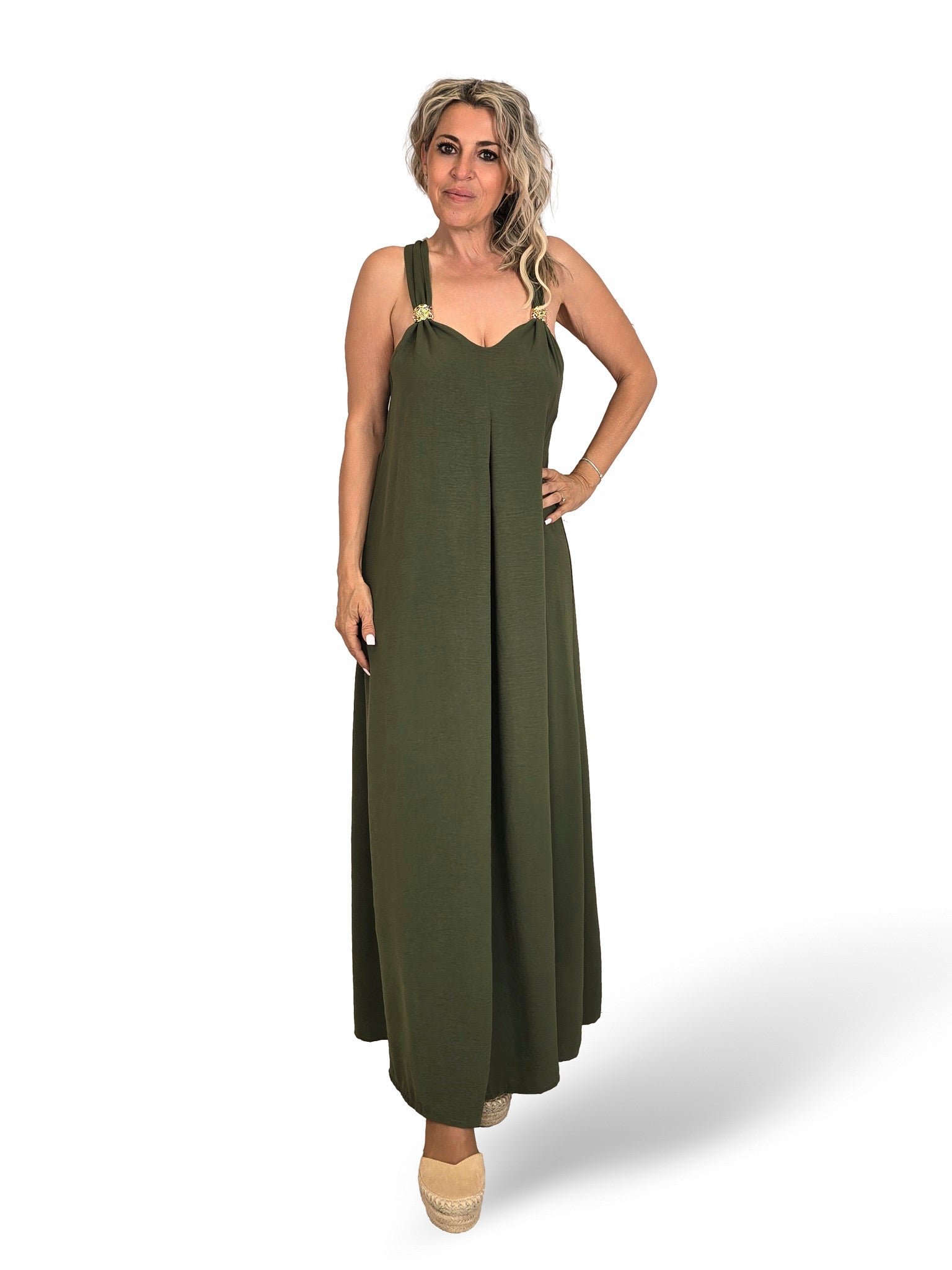 VESTIDO PLISSADO COM MISSANGAS DOURADAS