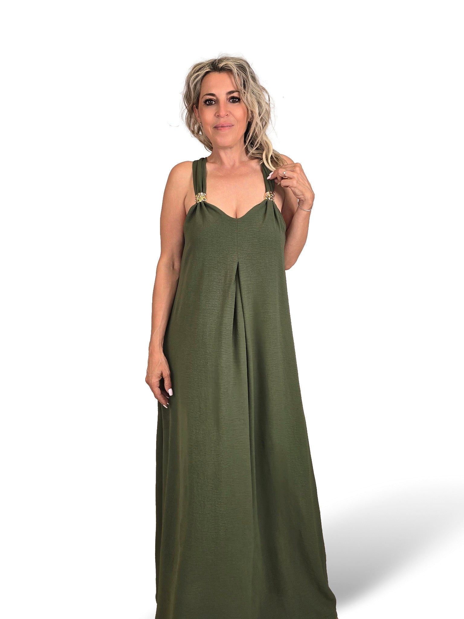 VESTIDO PLISSADO COM MISSANGAS DOURADAS