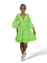VESTIDO CURTO COM ESTAMPA ANIMAL EM FORMATO DE FAVO DE MEL VERDE/AMARELO