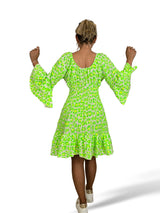 VESTIDO CURTO COM ESTAMPA ANIMAL EM FORMATO DE FAVO DE MEL VERDE/AMARELO