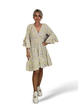 Vestido curto, estampado animal em forma de favo de mel, lilás/amarelo