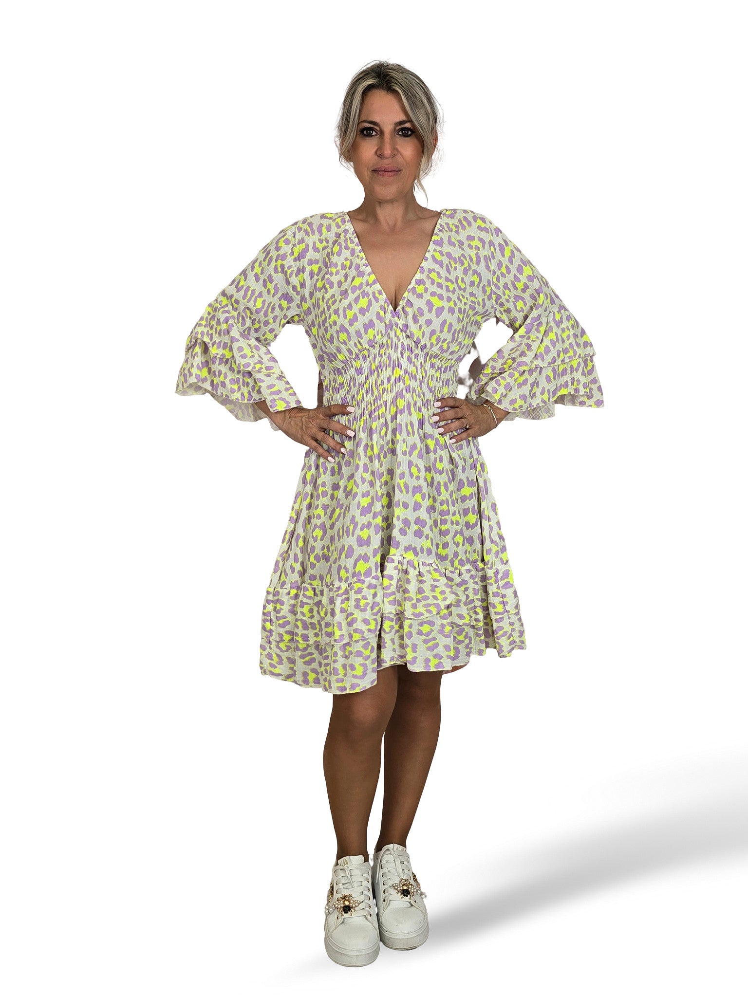 Vestido curto, estampado animal em forma de favo de mel, lilás/amarelo