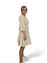 Vestido curto, estampado animal em forma de favo de mel, lilás/amarelo