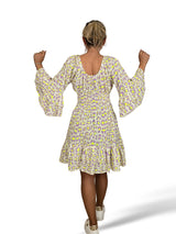 Vestido curto, estampado animal em forma de favo de mel, lilás/amarelo
