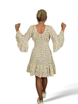 Vestido curto, estampado animal em forma de favo de mel, lilás/amarelo