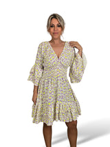 Vestido curto, estampado animal em forma de favo de mel, lilás/amarelo