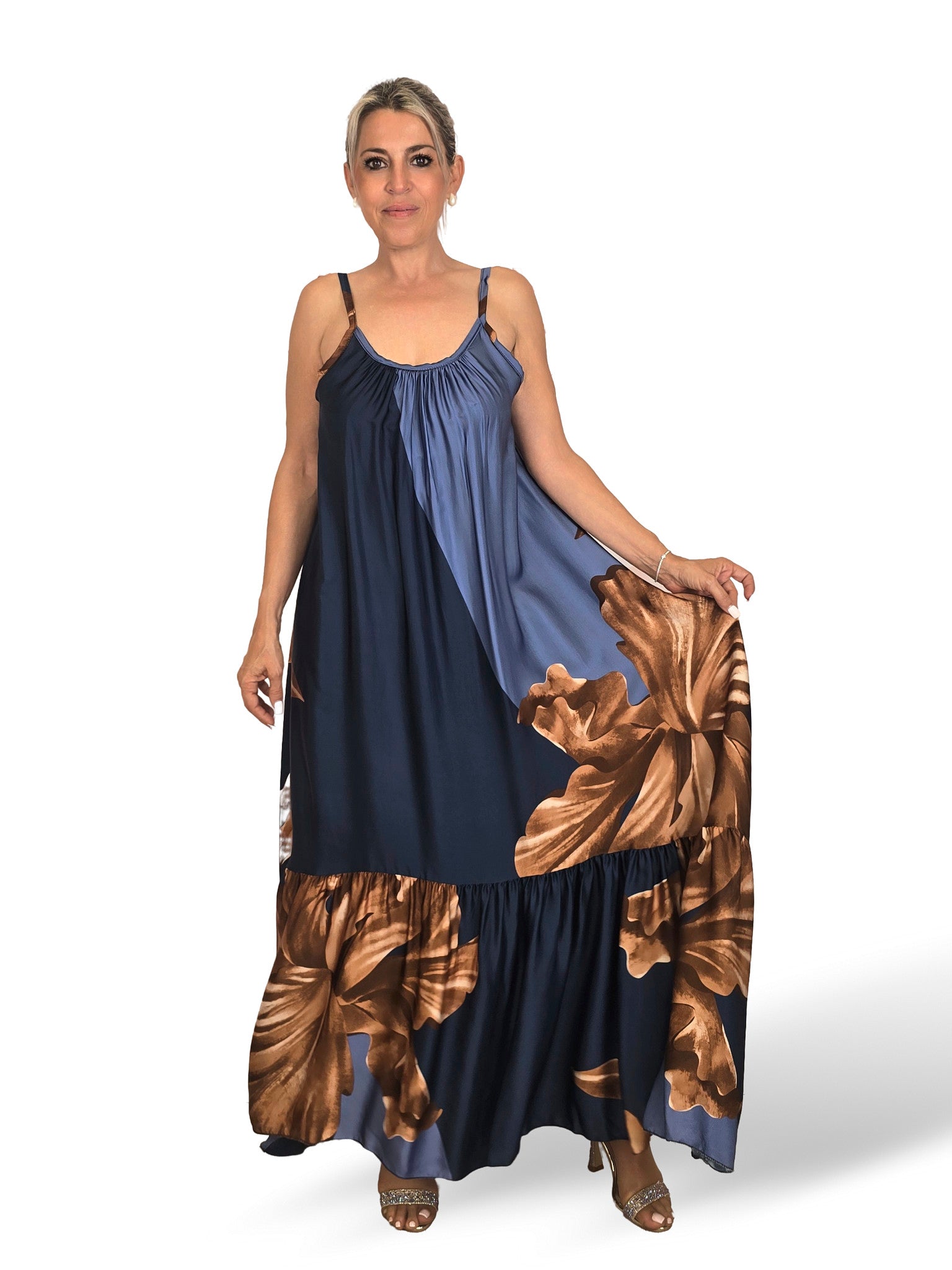 MAXI VESTIDO SEDA GRAN VUELO ESTAMPADO MARINO