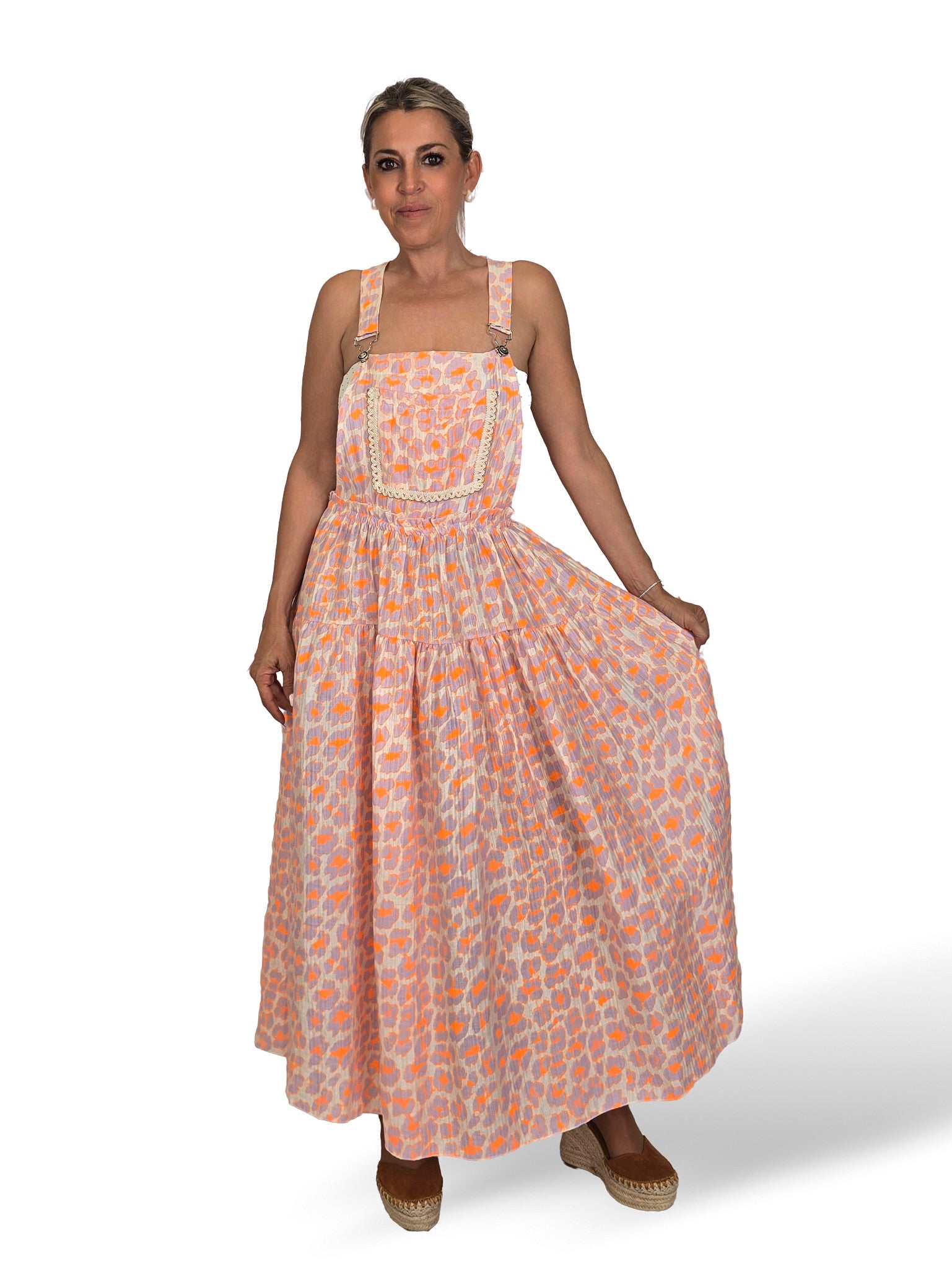 Vestido avental lilás/laranja fluorescente com estampado animal tencel