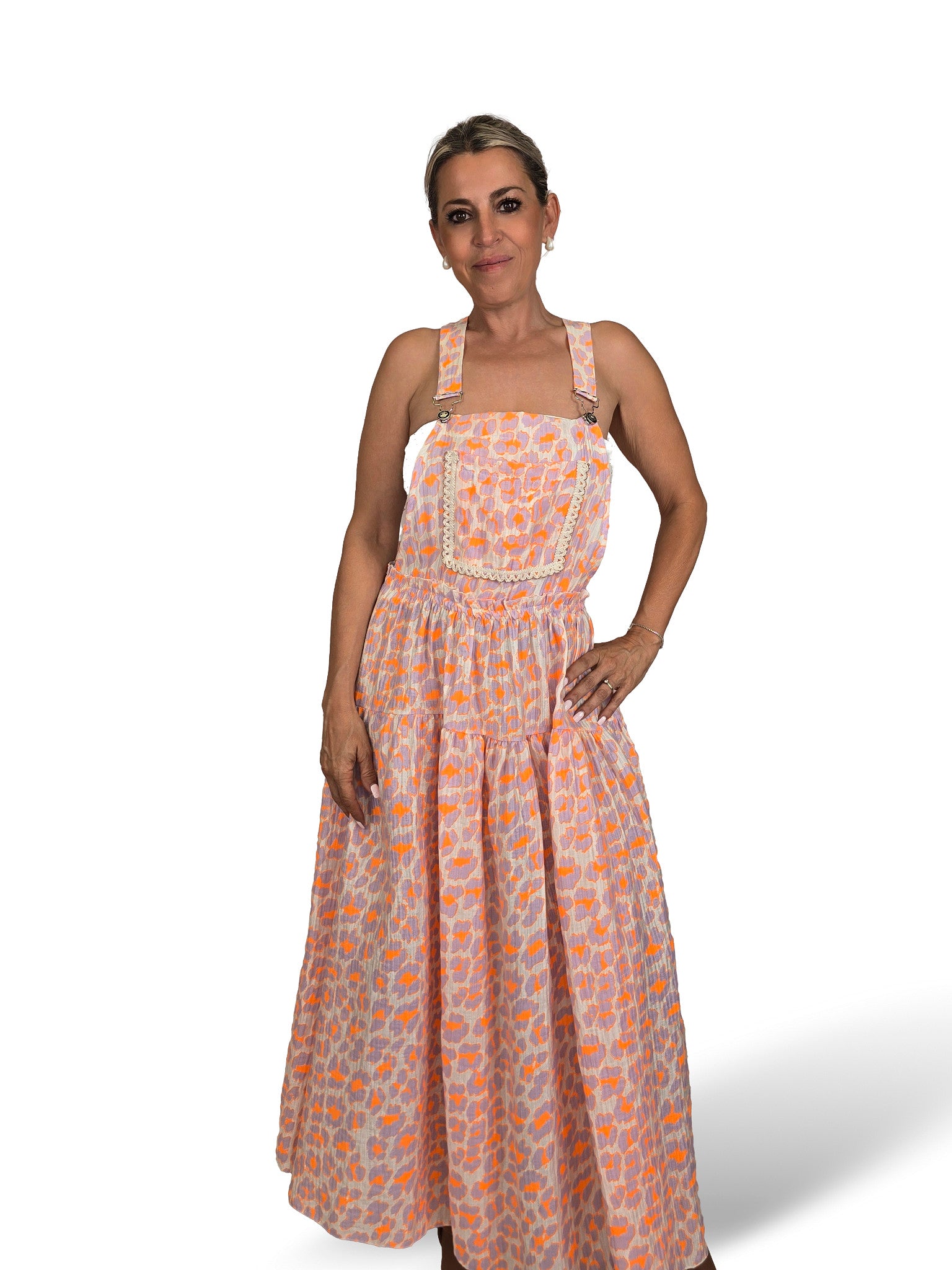 Vestido avental lilás/laranja fluorescente com estampado animal tencel