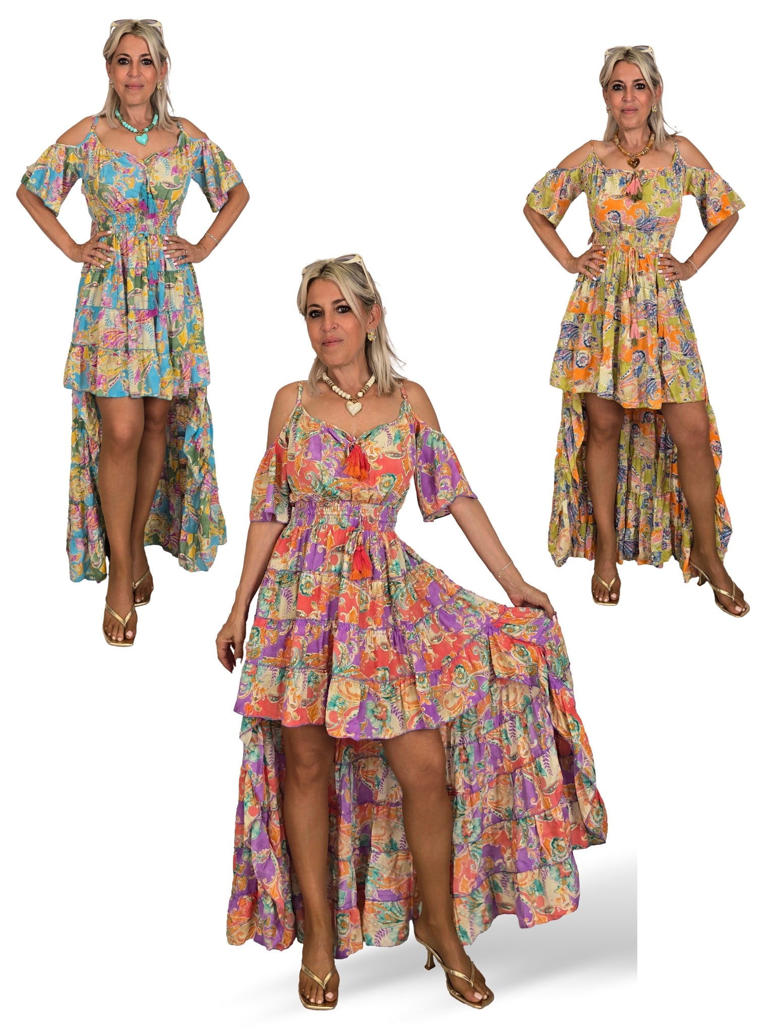 Boho-Seidenkleid mit Print und Schleppe