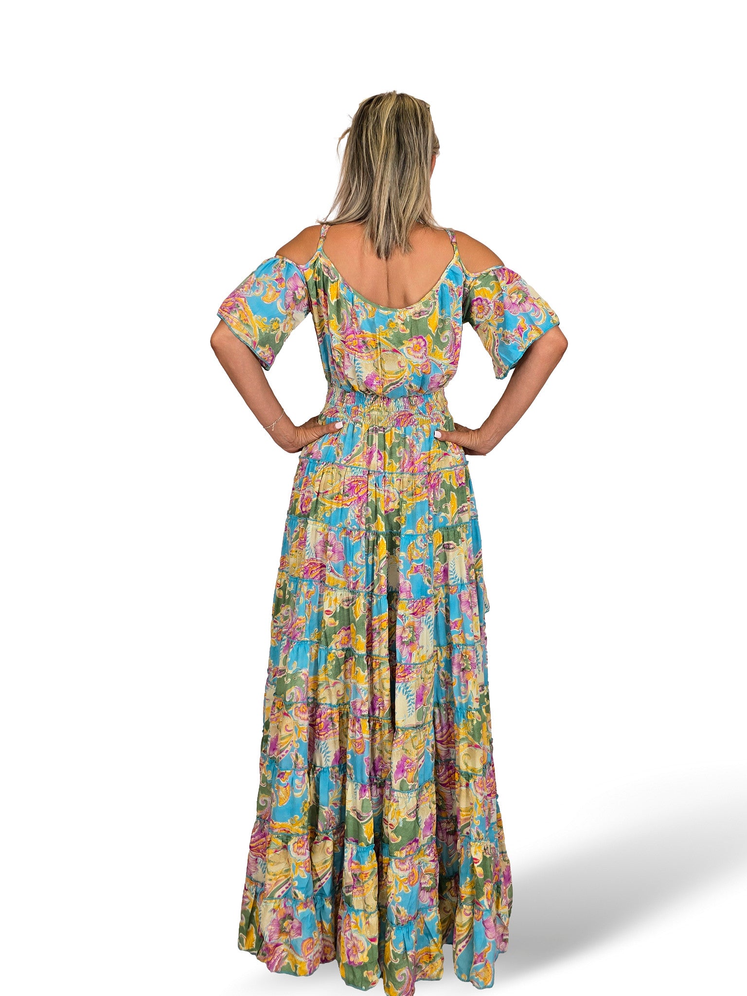 Boho-Seidenkleid mit Print und Schleppe