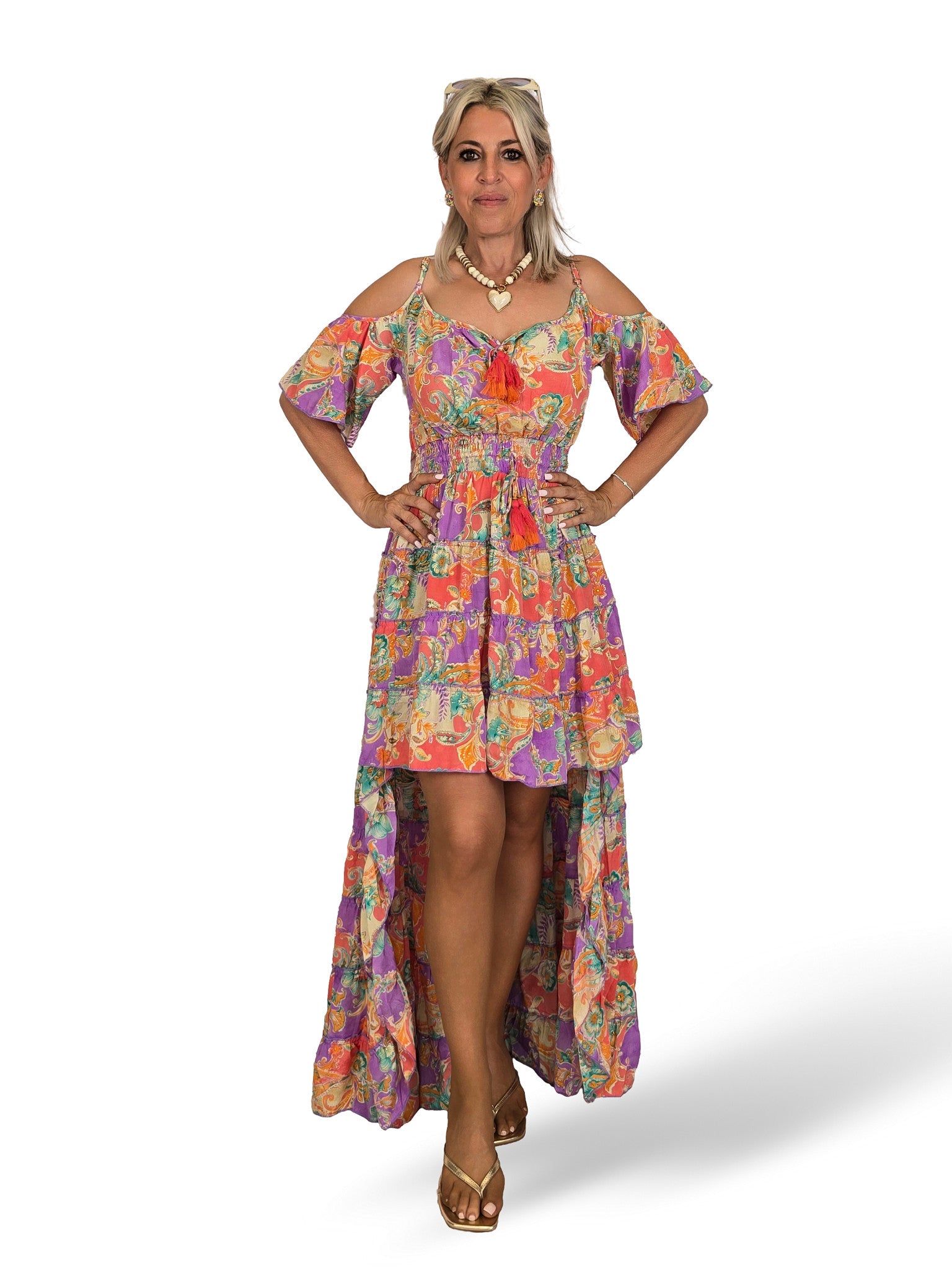 Boho-Seidenkleid mit Print und Schleppe
