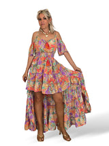 Boho-Seidenkleid mit Print und Schleppe