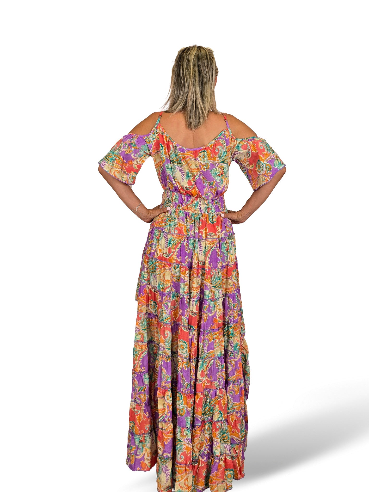 Boho-Seidenkleid mit Print und Schleppe