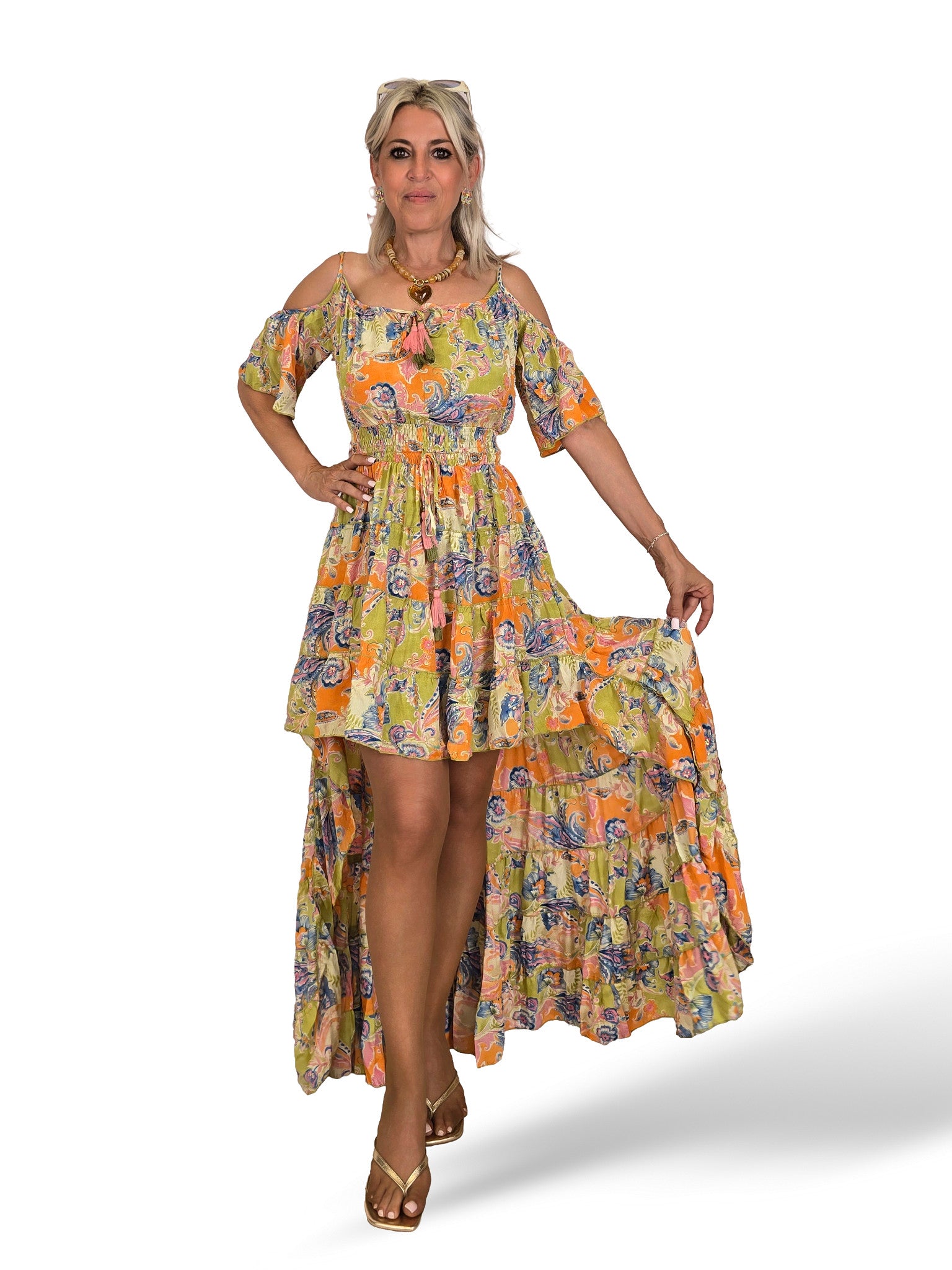 Boho-Seidenkleid mit Print und Schleppe