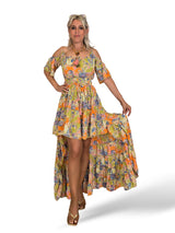 Boho-Seidenkleid mit Print und Schleppe