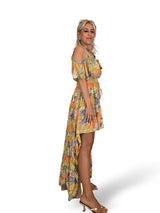 Boho-Seidenkleid mit Print und Schleppe