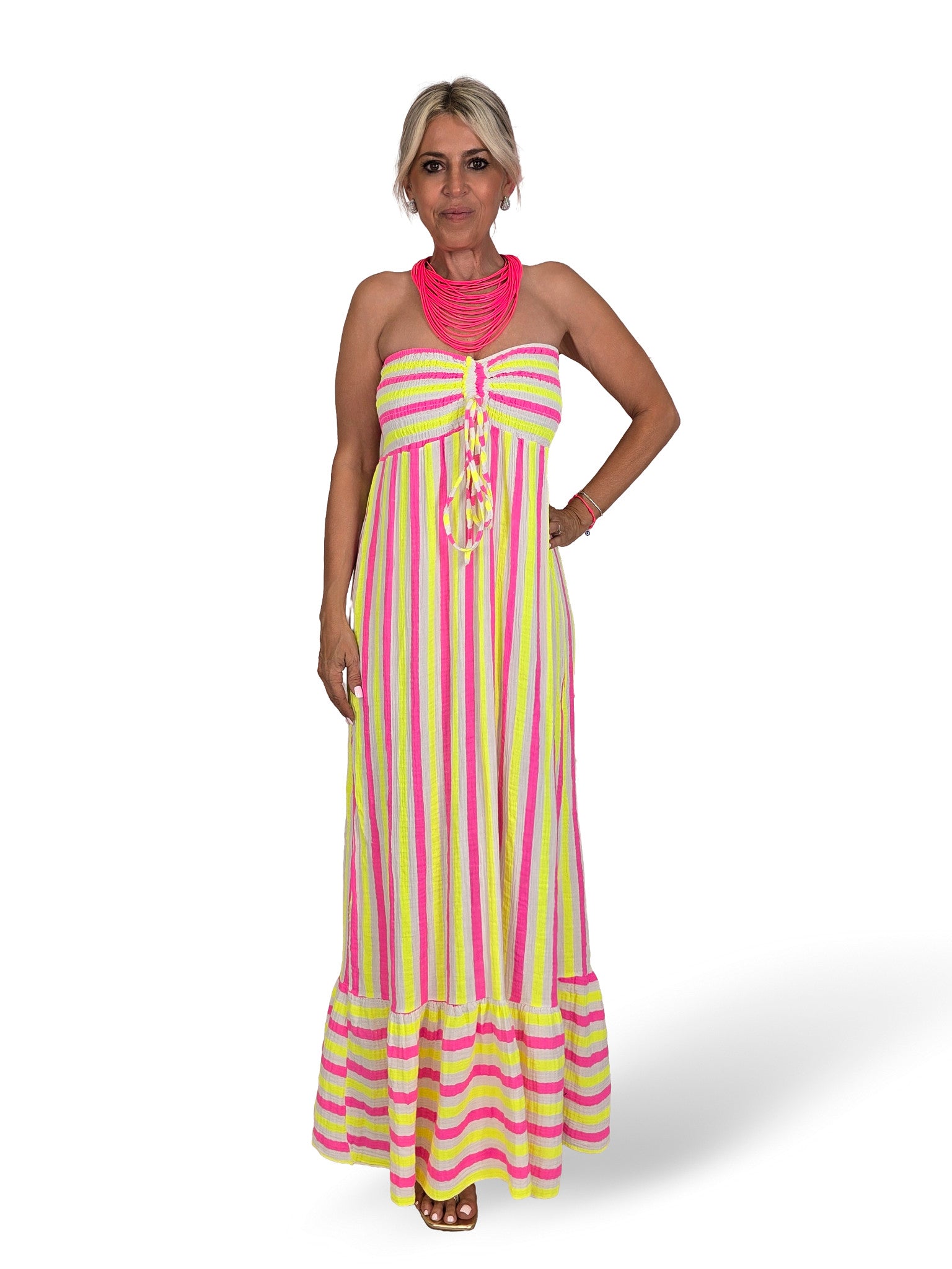 VESTIDO PALABRA DE HONOR NIDO DE ABEJA RAYAS FLUOR