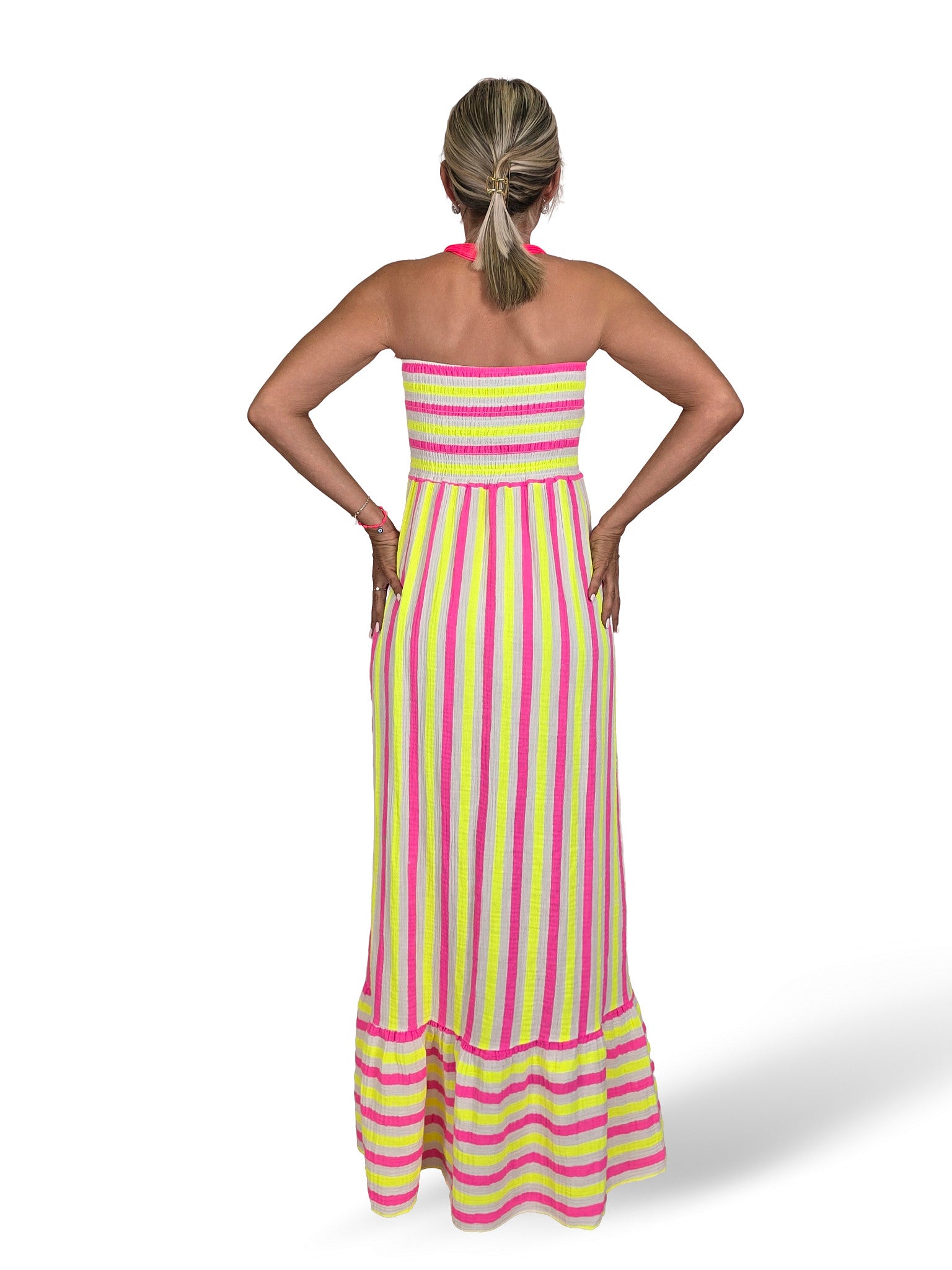 VESTIDO PALABRA DE HONOR NIDO DE ABEJA RAYAS FLUOR