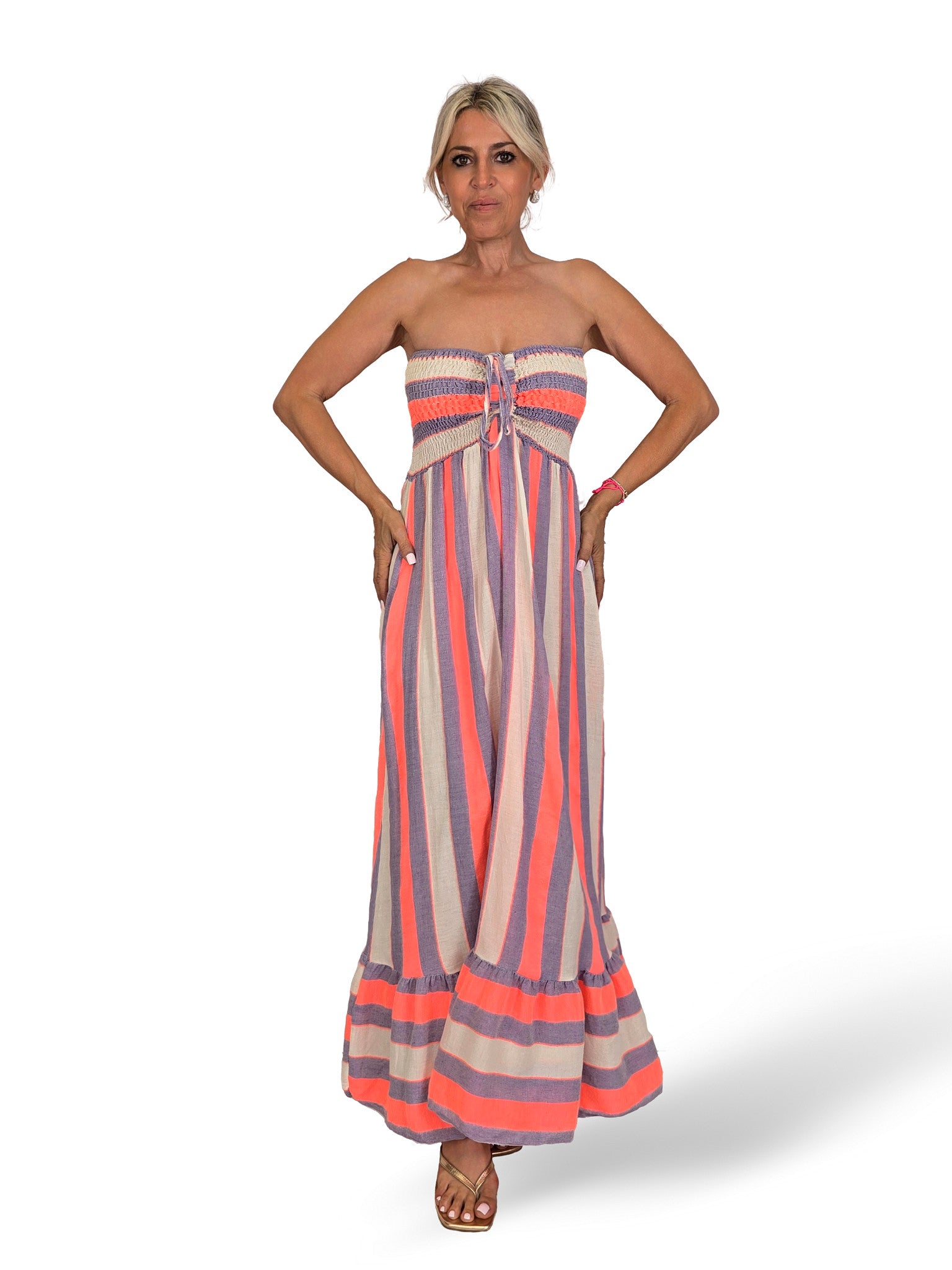 VESTIDO DE LINHO COM LISTRAS NEON