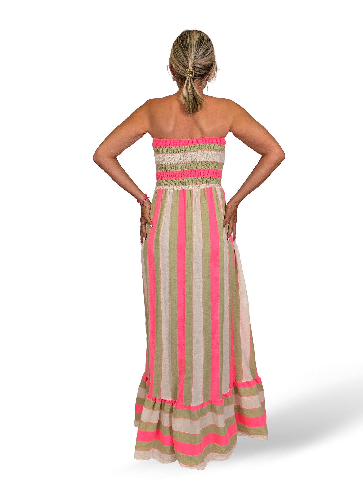 VESTIDO DE LINHO COM LISTRAS NEON