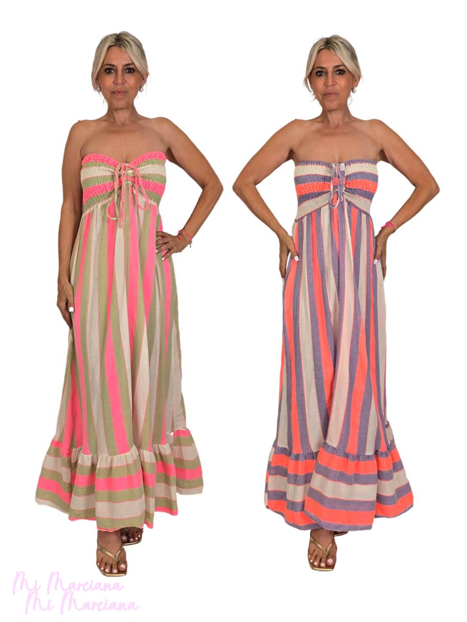 VESTIDO DE LINHO COM LISTRAS NEON
